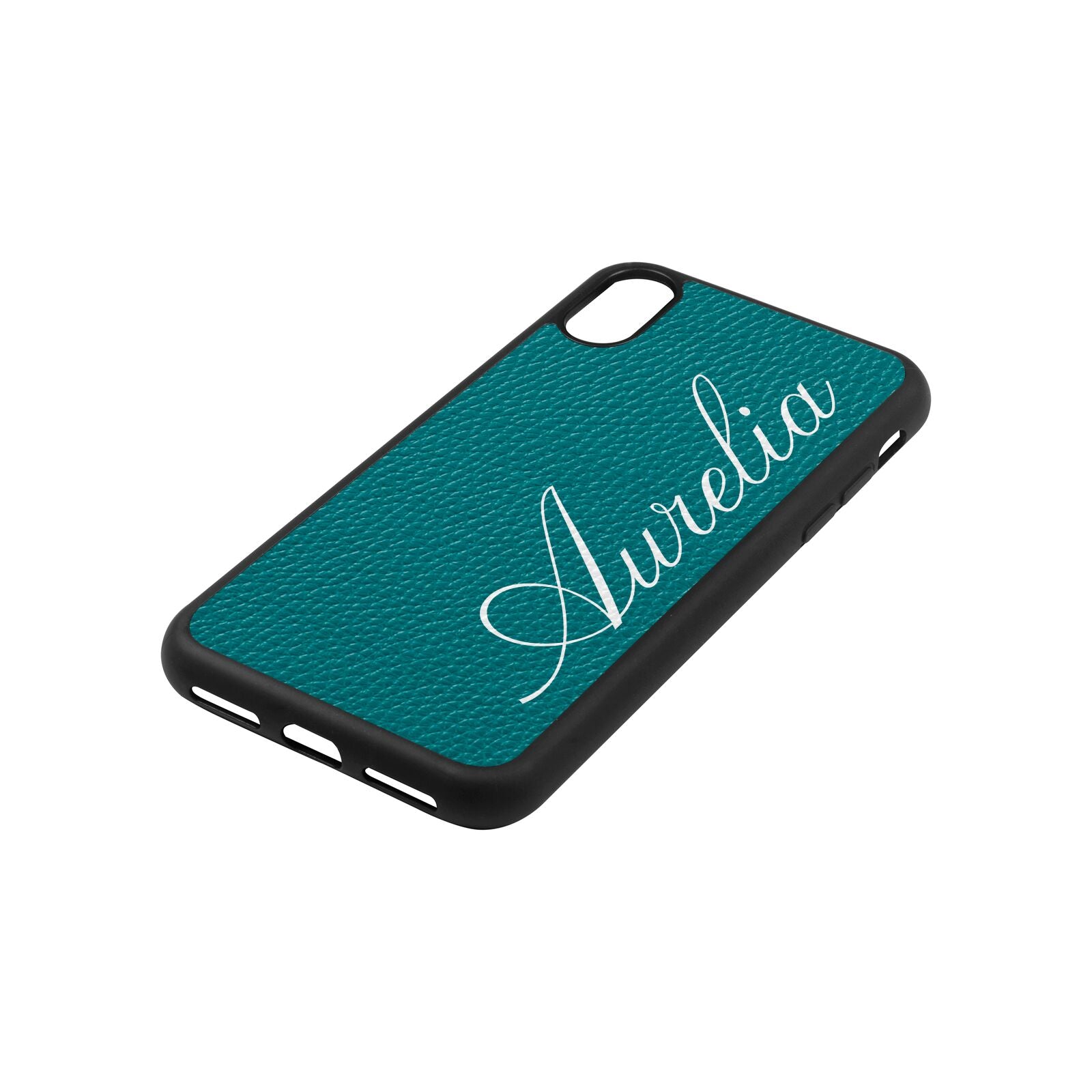 Personalised Text Green Pebble Leather iPhone Xs Case Side Angle