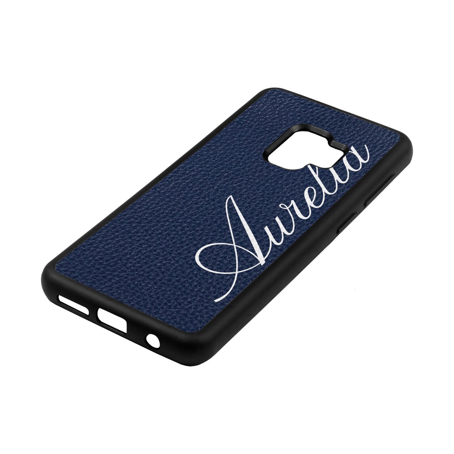 Personalised Text Navy Blue Pebble Leather Samsung S9 Case Side Angle