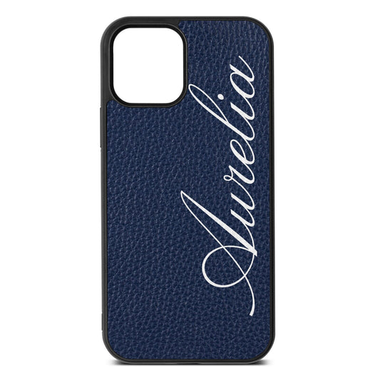 Personalised Text Navy Blue Pebble Leather iPhone 12 Case