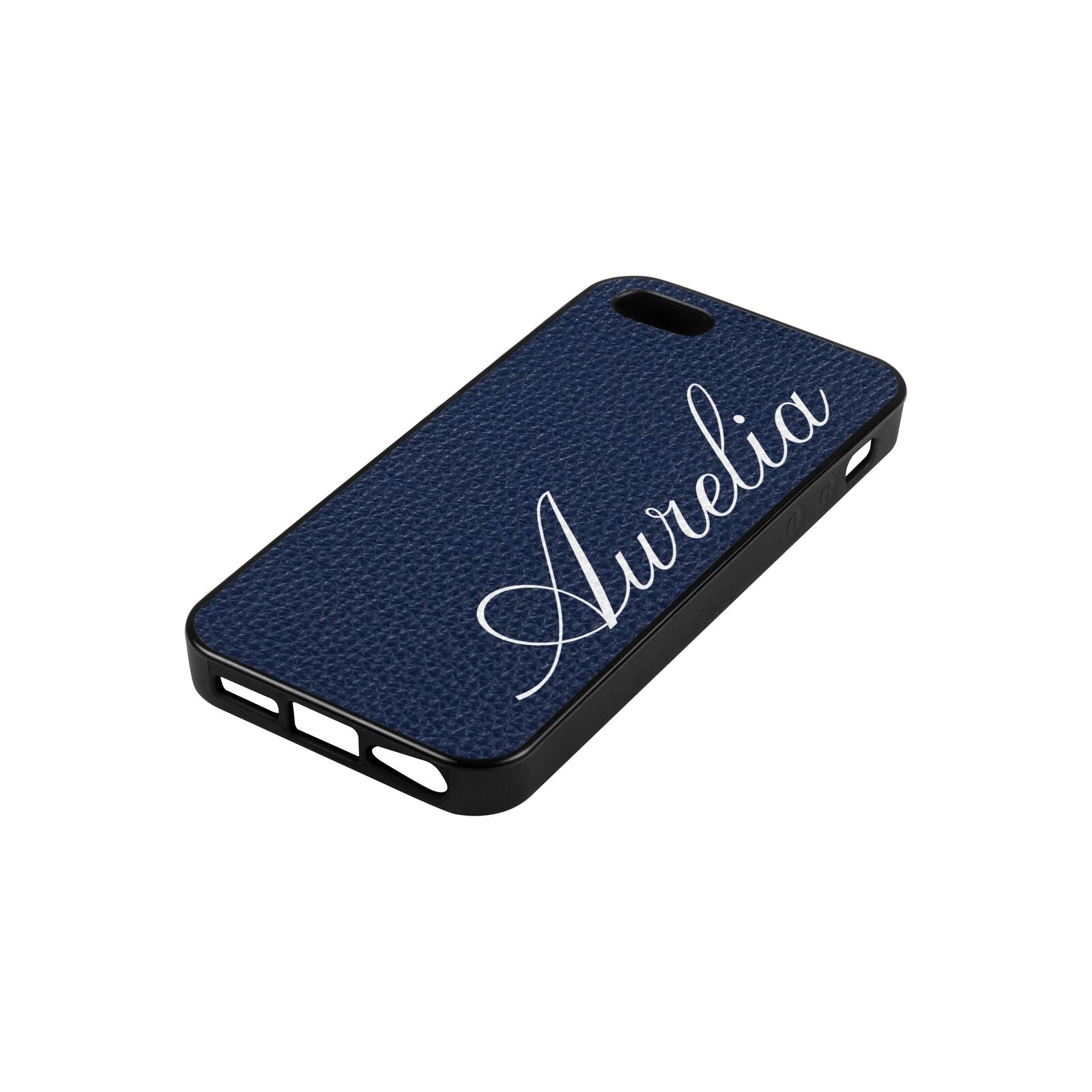 Personalised Text Navy Blue Pebble Leather iPhone 5 Case Side Angle