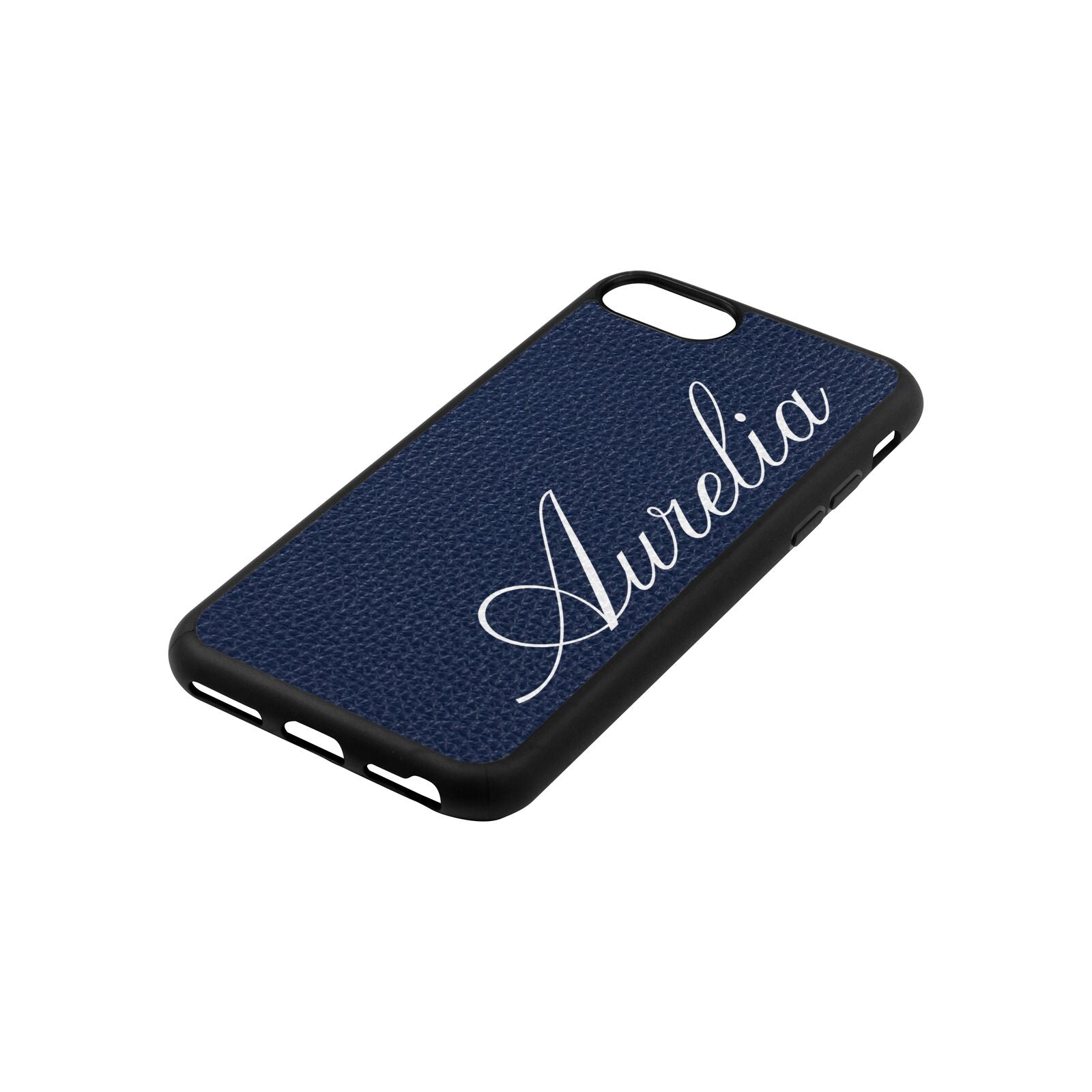 Personalised Text Navy Blue Pebble Leather iPhone 8 Case Side Angle