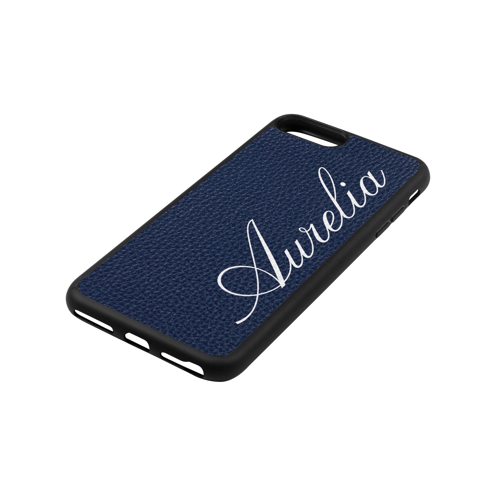 Personalised Text Navy Blue Pebble Leather iPhone 8 Plus Case Side Angle