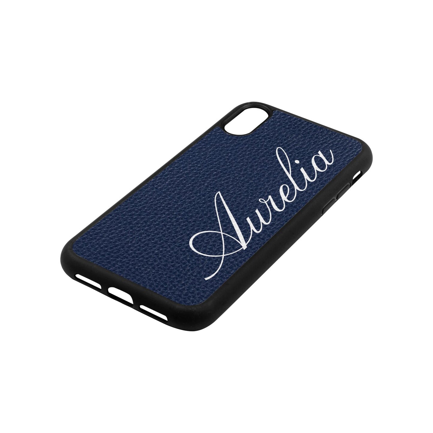 Personalised Text Navy Blue Pebble Leather iPhone Xr Case Side Angle