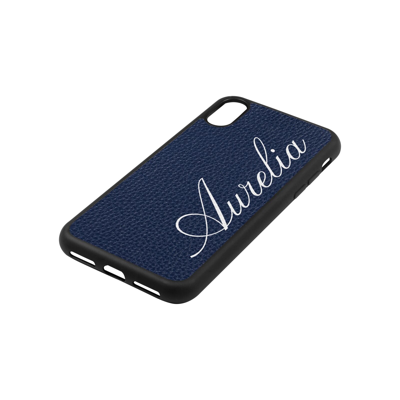 Personalised Text Navy Blue Pebble Leather iPhone Xs Case Side Image