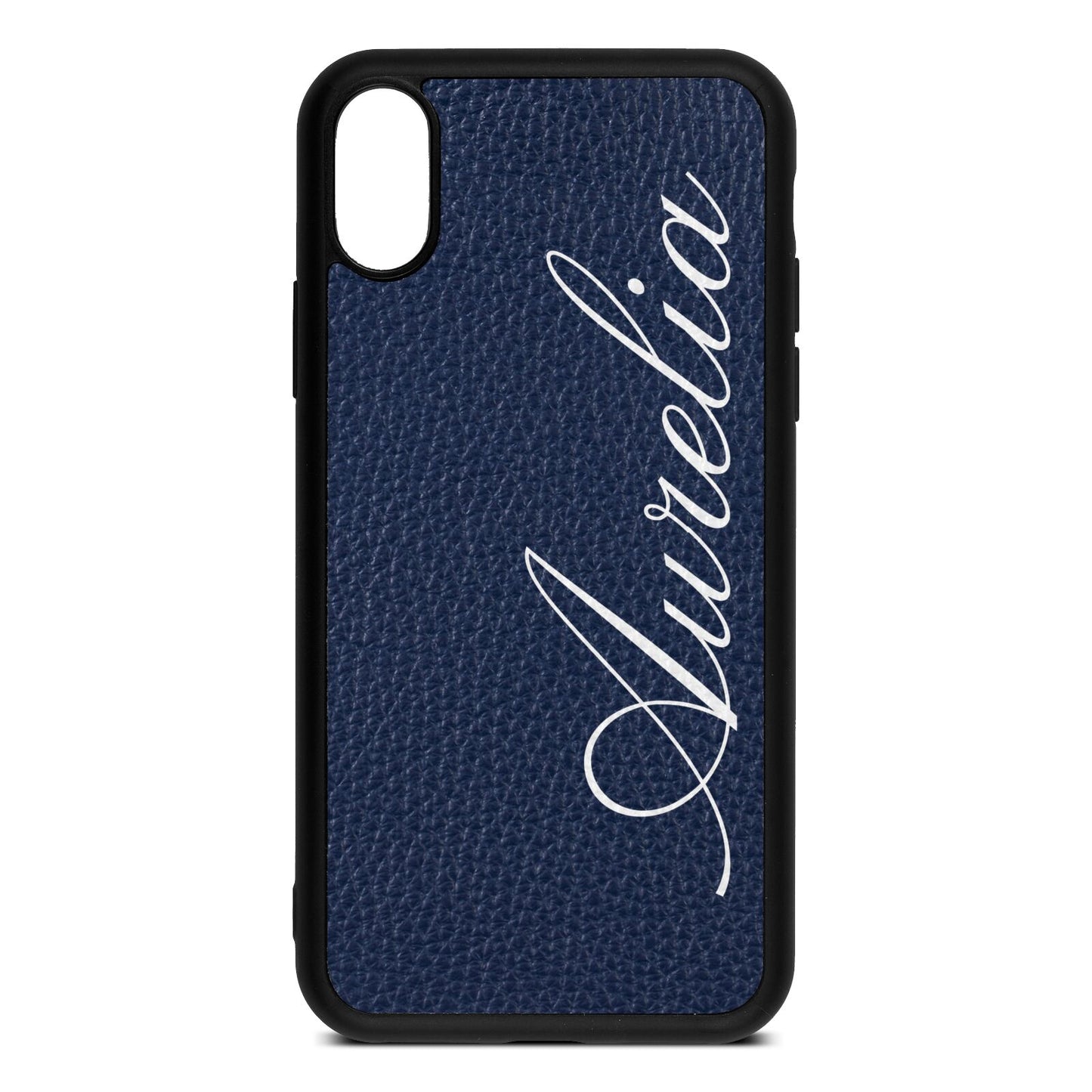 Personalised Text Navy Blue Pebble Leather iPhone Xs Case