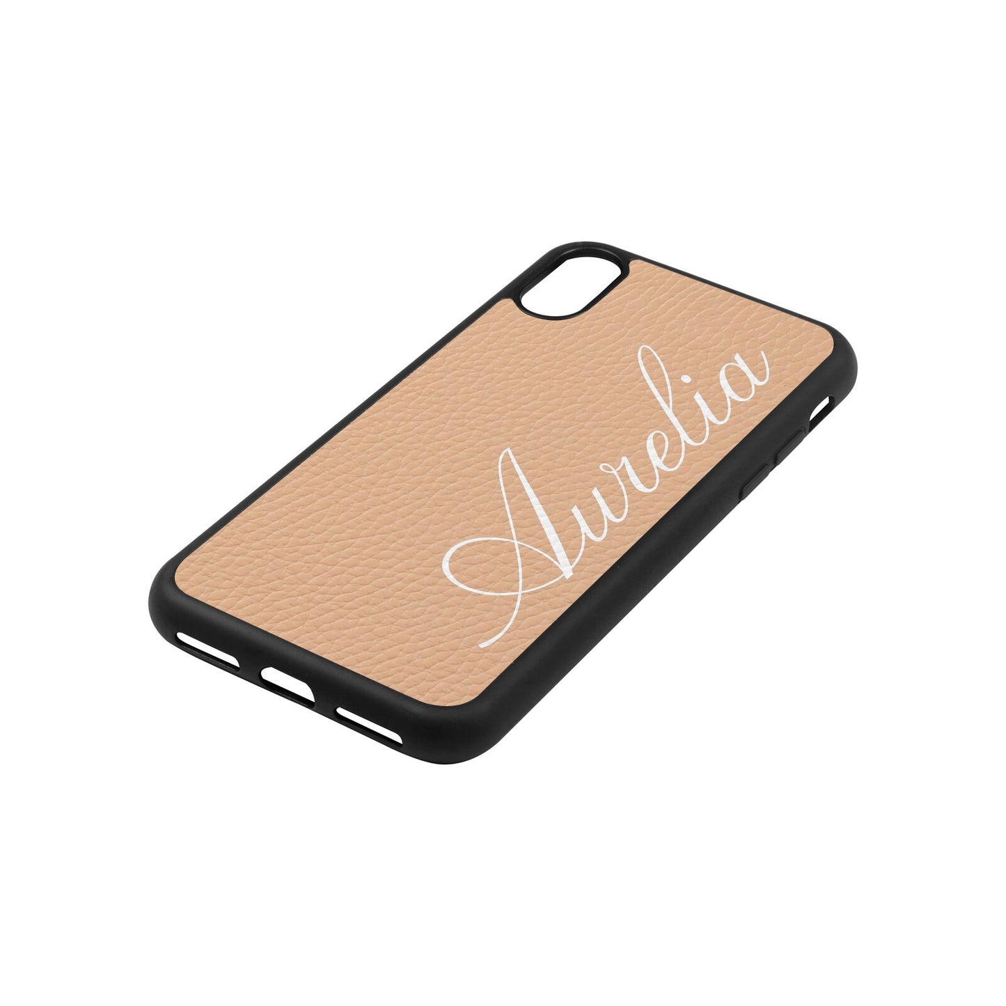 Personalised Text Nude Pebble Leather iPhone Xs Case Side Angle