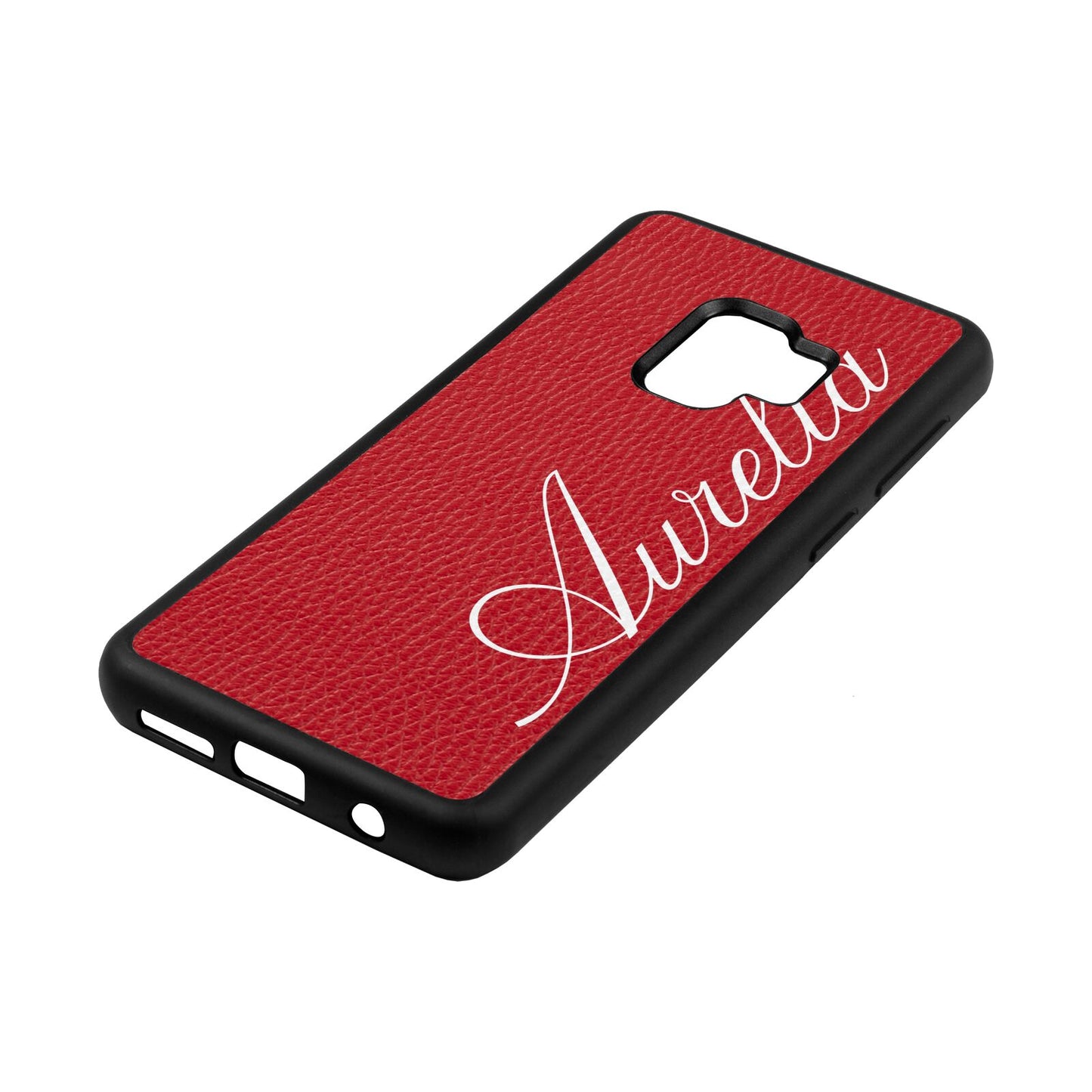 Personalised Text Red Pebble Leather Samsung S9 Case Side Angle