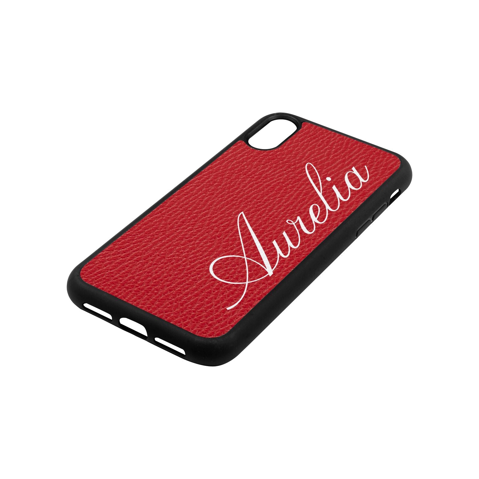 Personalised Text Red Pebble Leather iPhone Xr Case Side Angle