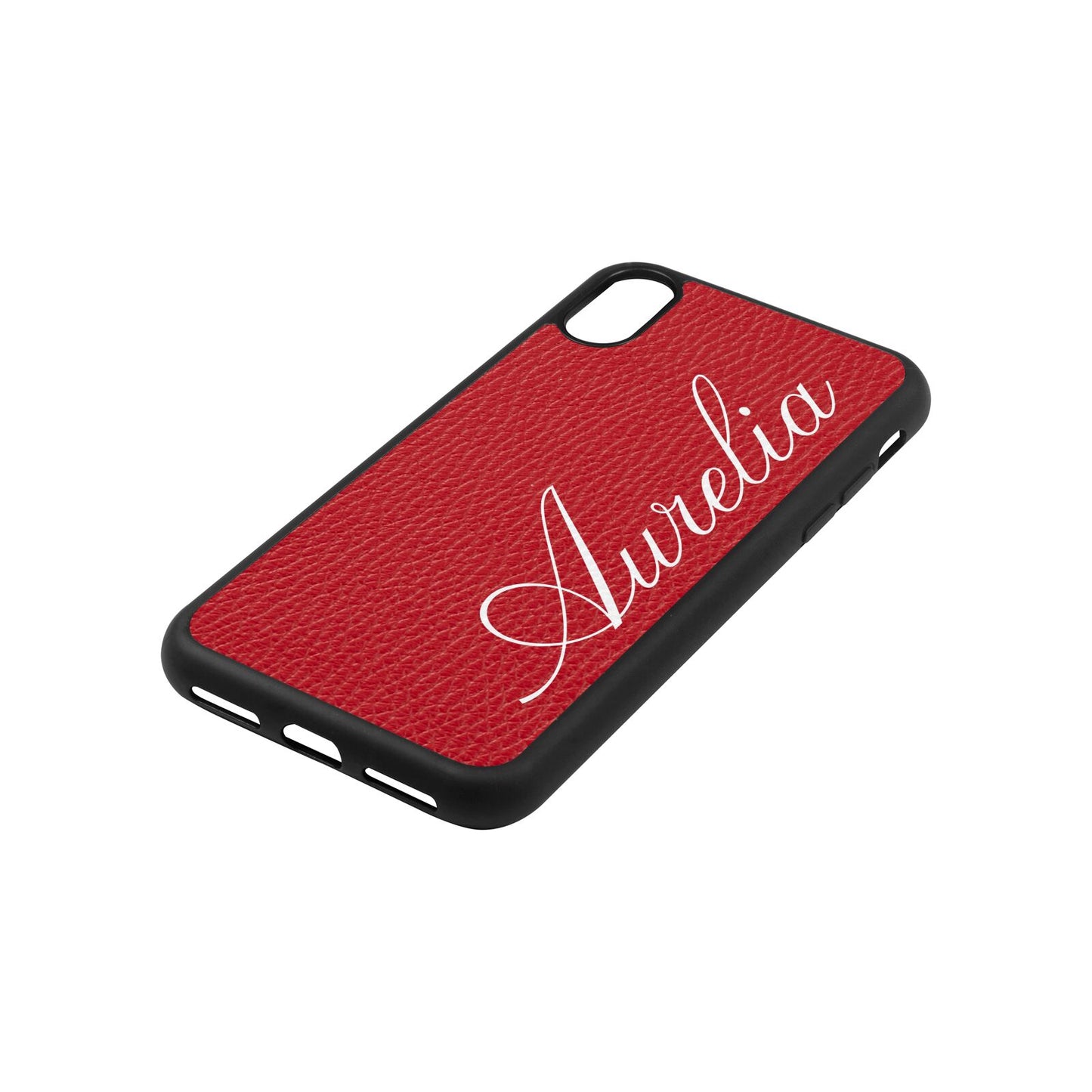 Personalised Text Red Pebble Leather iPhone Xs Case Side Angle