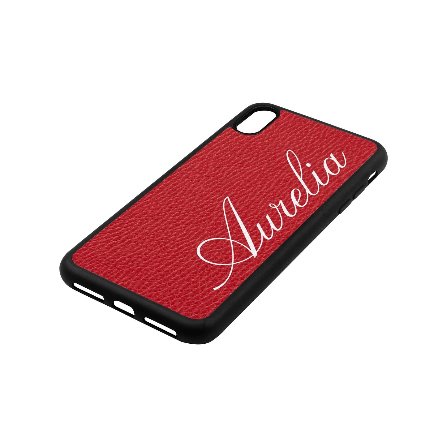 Personalised Text Red Pebble Leather iPhone Xs Max Case Side Angle