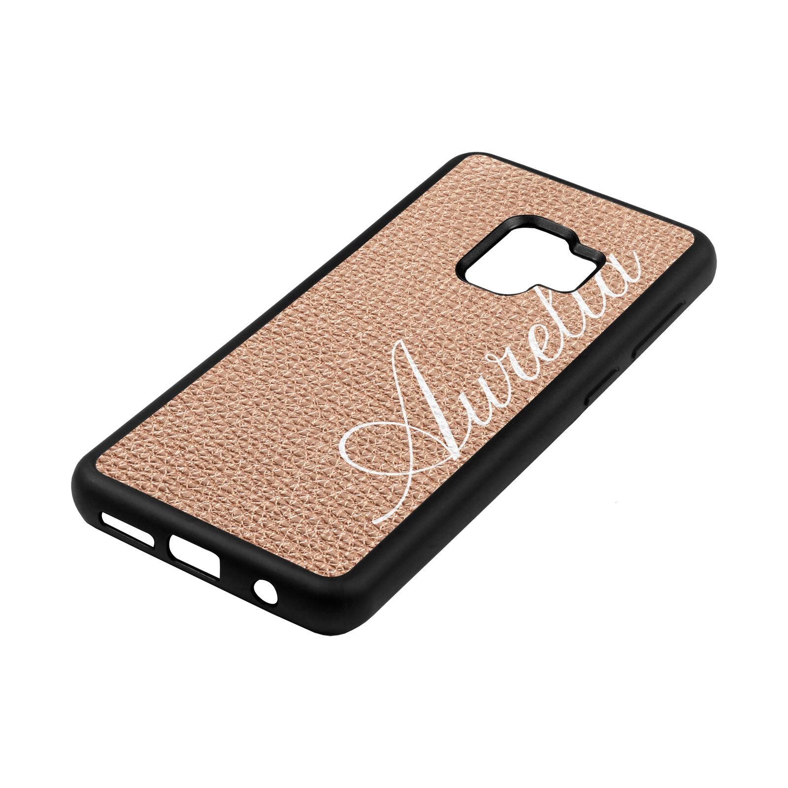 Personalised Text Rose Gold Pebble Leather Samsung S9 Case Side Angle