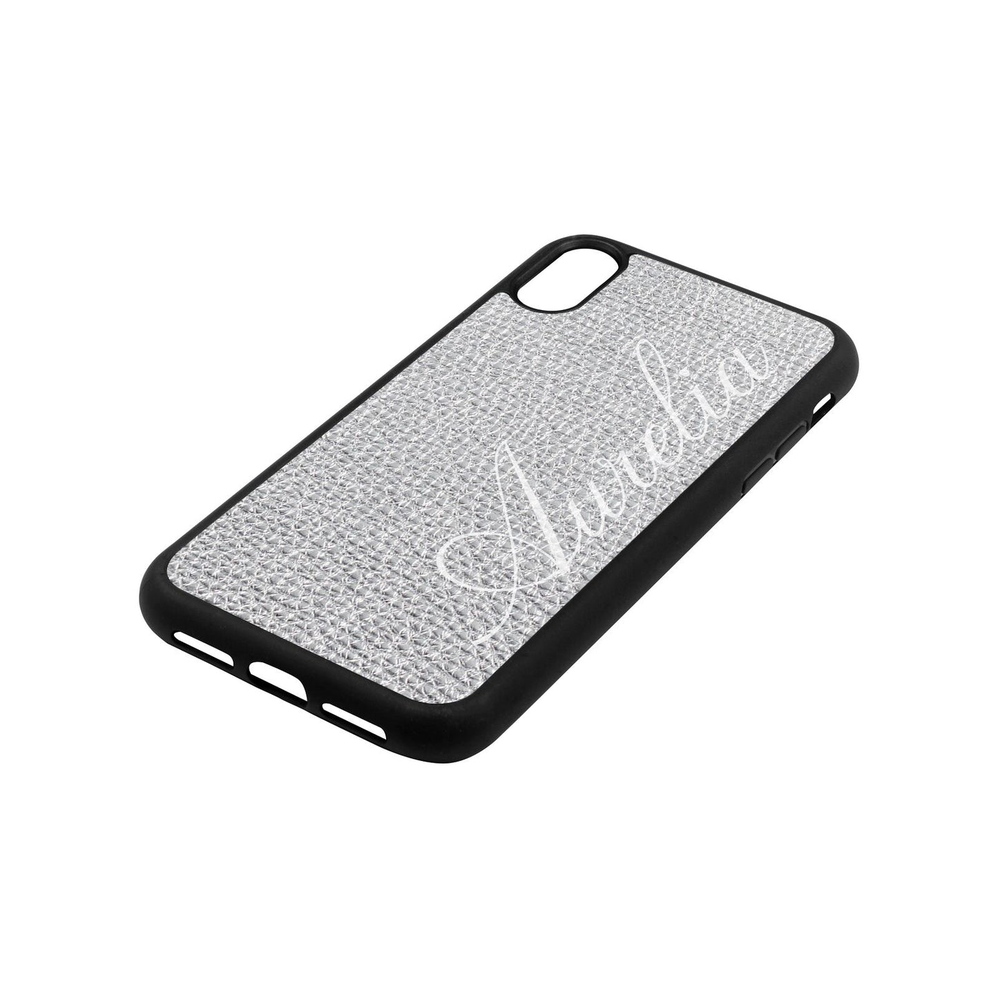 Personalised Text Silver Pebble Leather iPhone Xr Case Side Angle