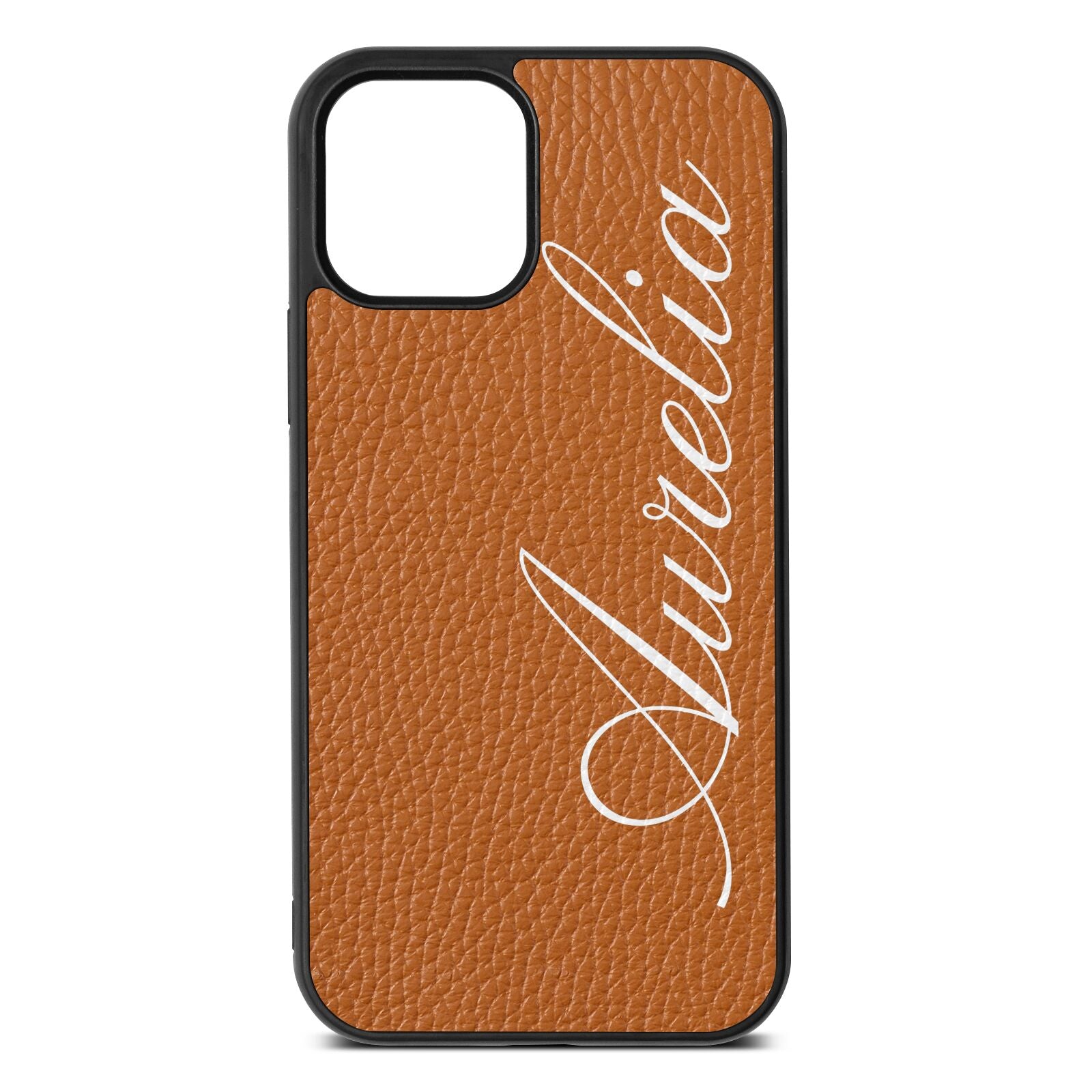 Personalised Text Tan Pebble Leather iPhone 12 Case