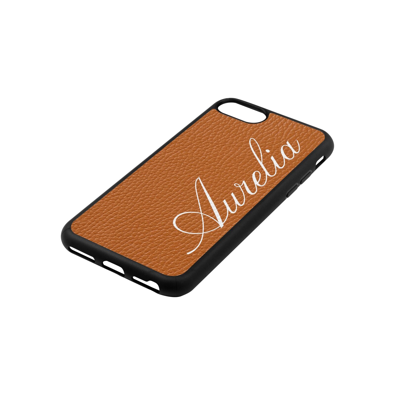 Personalised Text Tan Pebble Leather iPhone 8 Case Side Angle