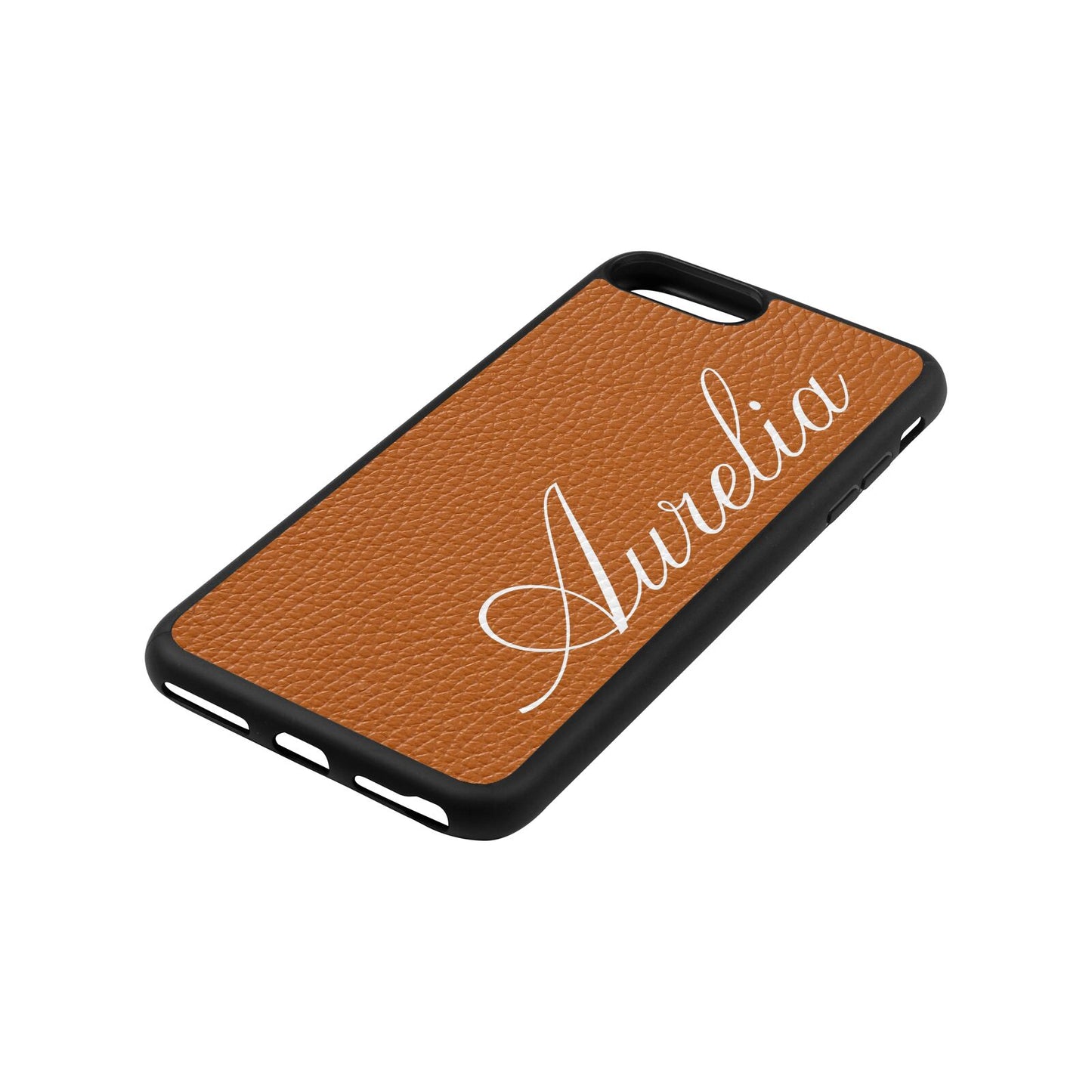 Personalised Text Tan Pebble Leather iPhone 8 Plus Case Side Angle