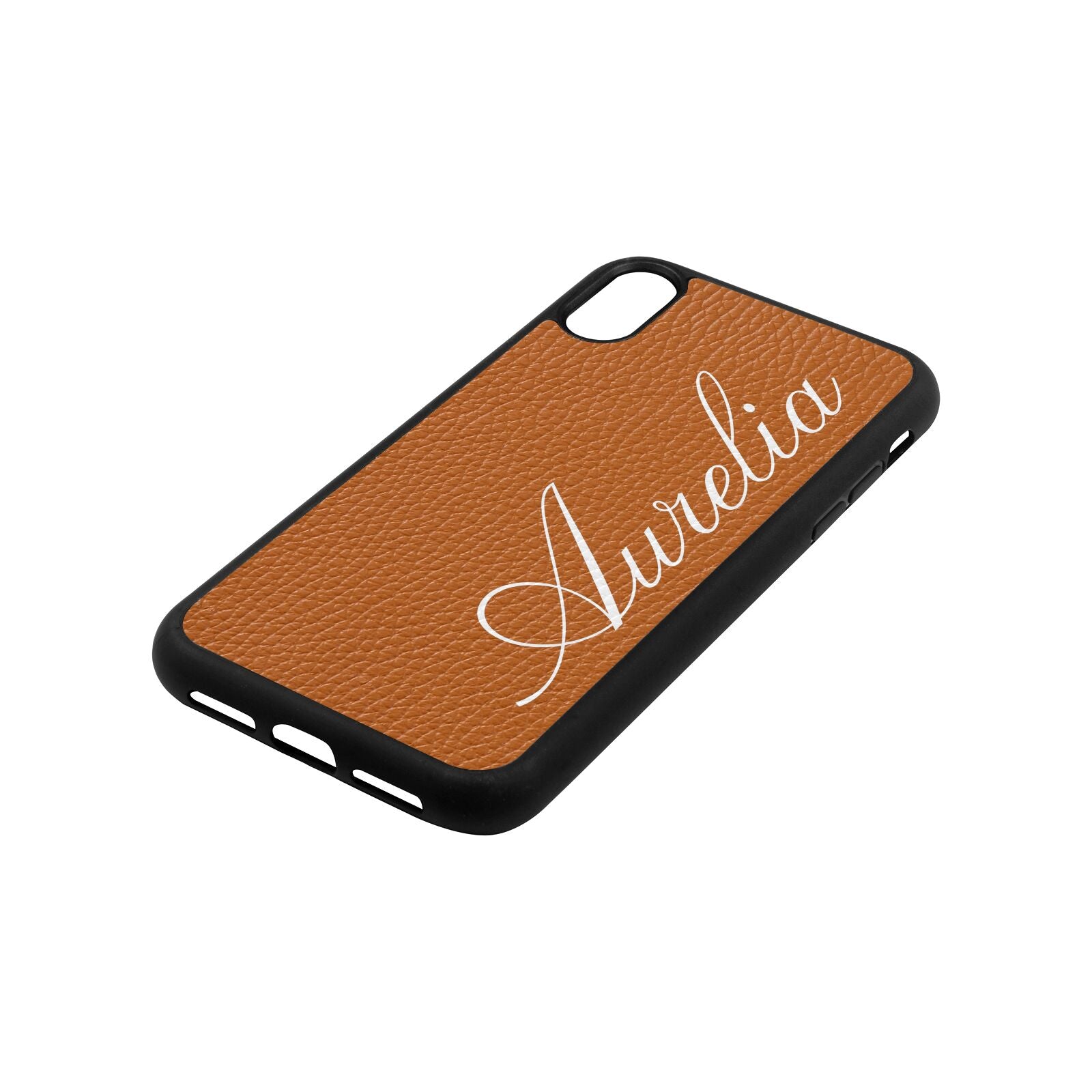 Personalised Text Tan Pebble Leather iPhone Xr Case Side Angle