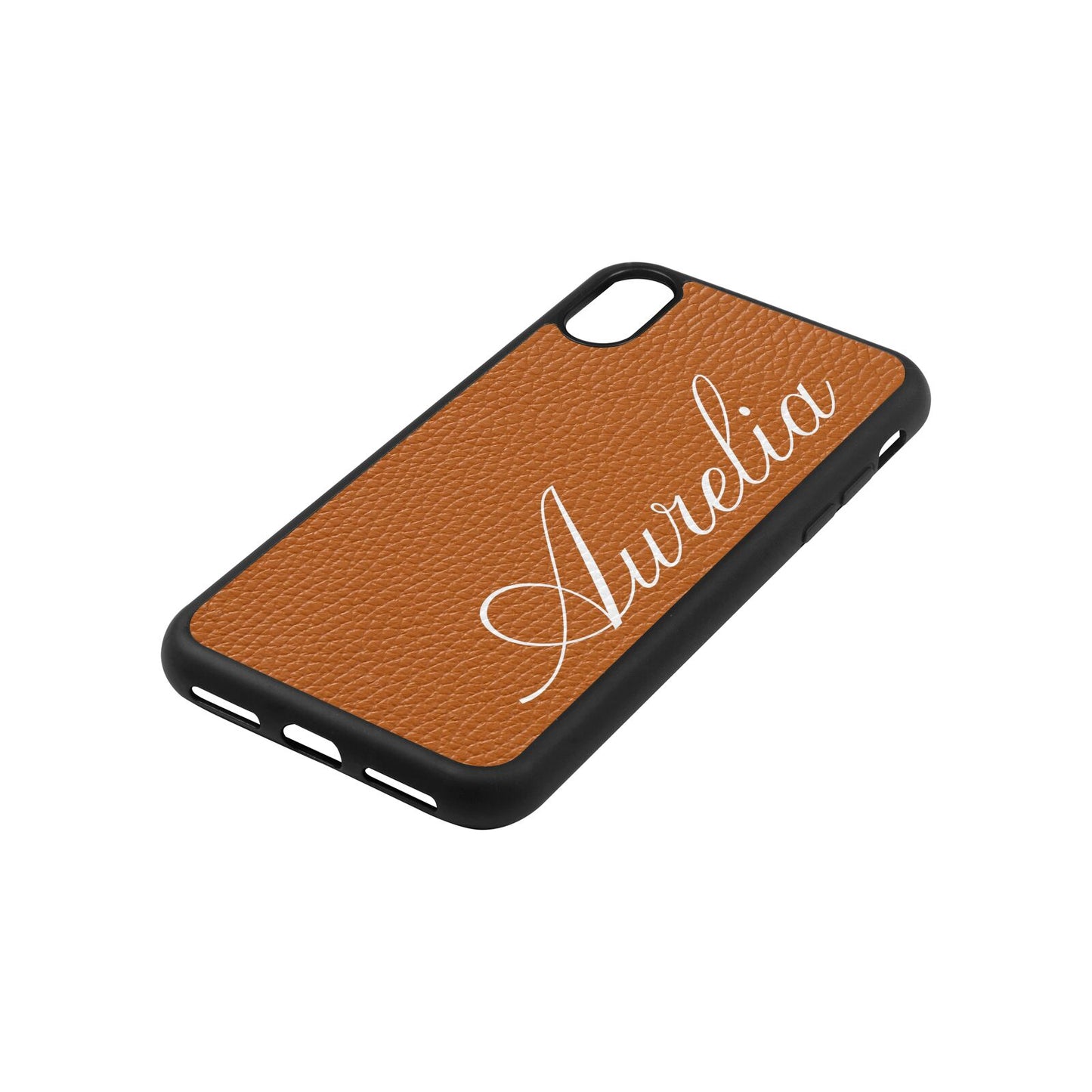 Personalised Text Tan Pebble Leather iPhone Xs Case Side Angle