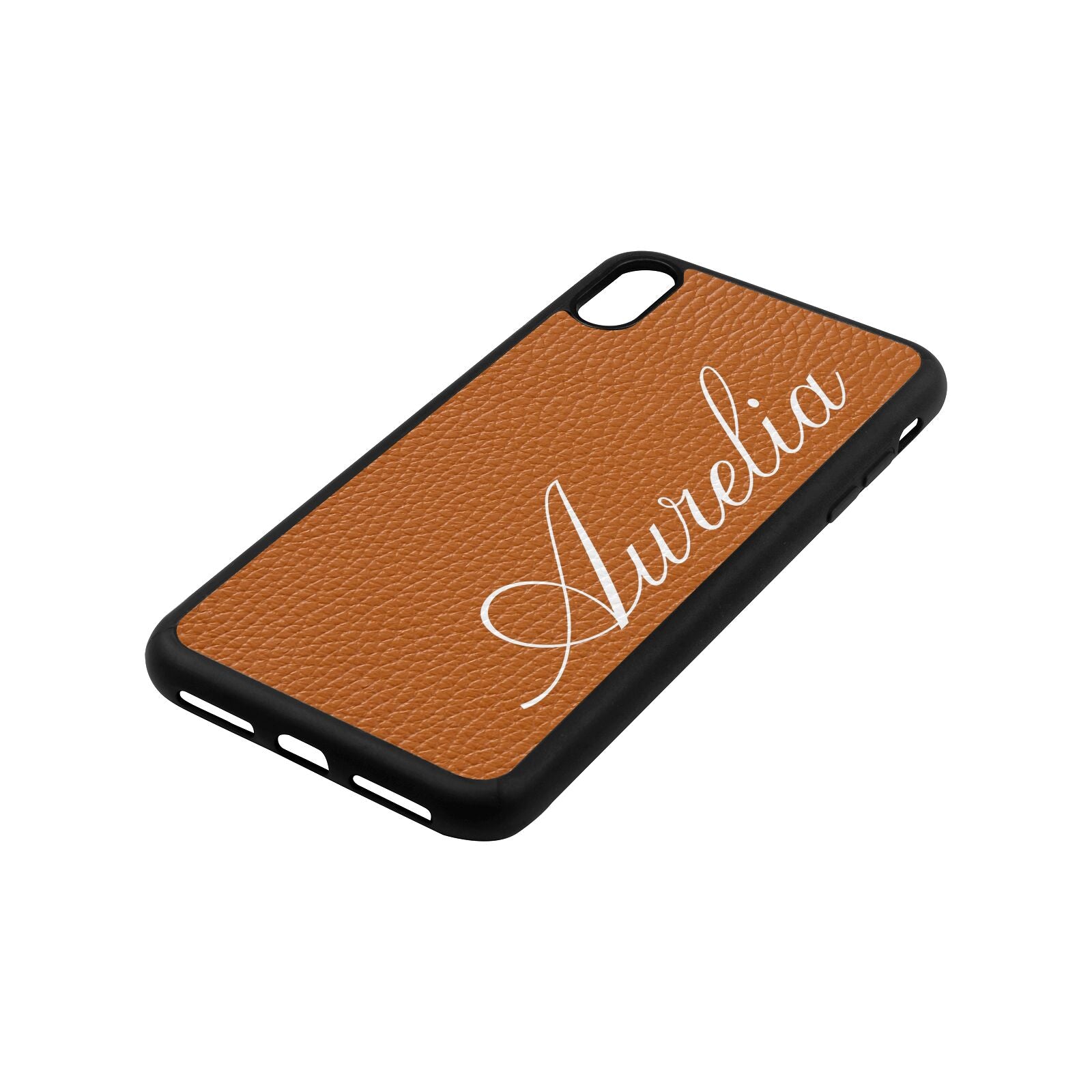 Personalised Text Tan Pebble Leather iPhone Xs Max Case Side Angle