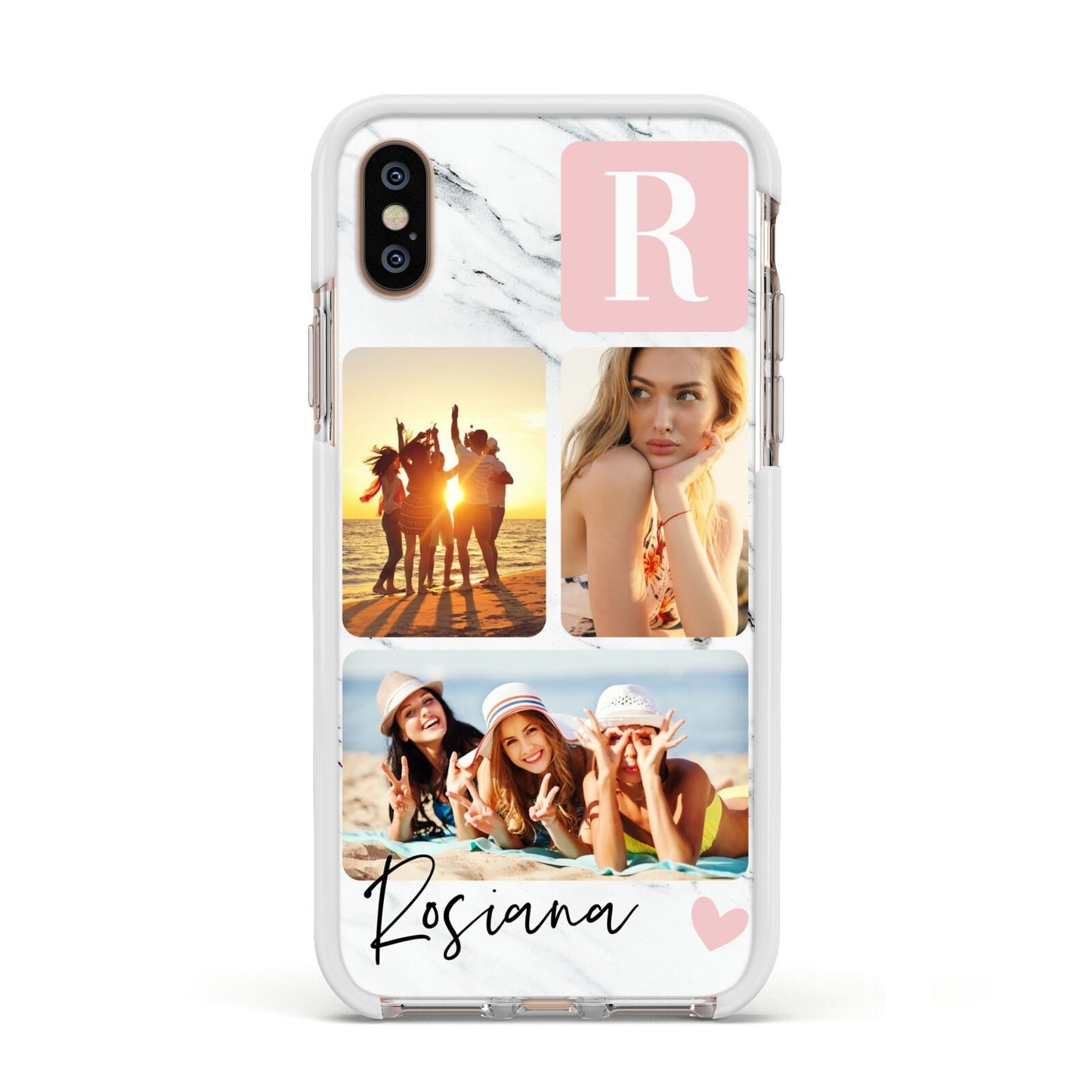 Personalised Three Photo Marble Name Apple iPhone Xs Impact Case White Edge on Gold Phone