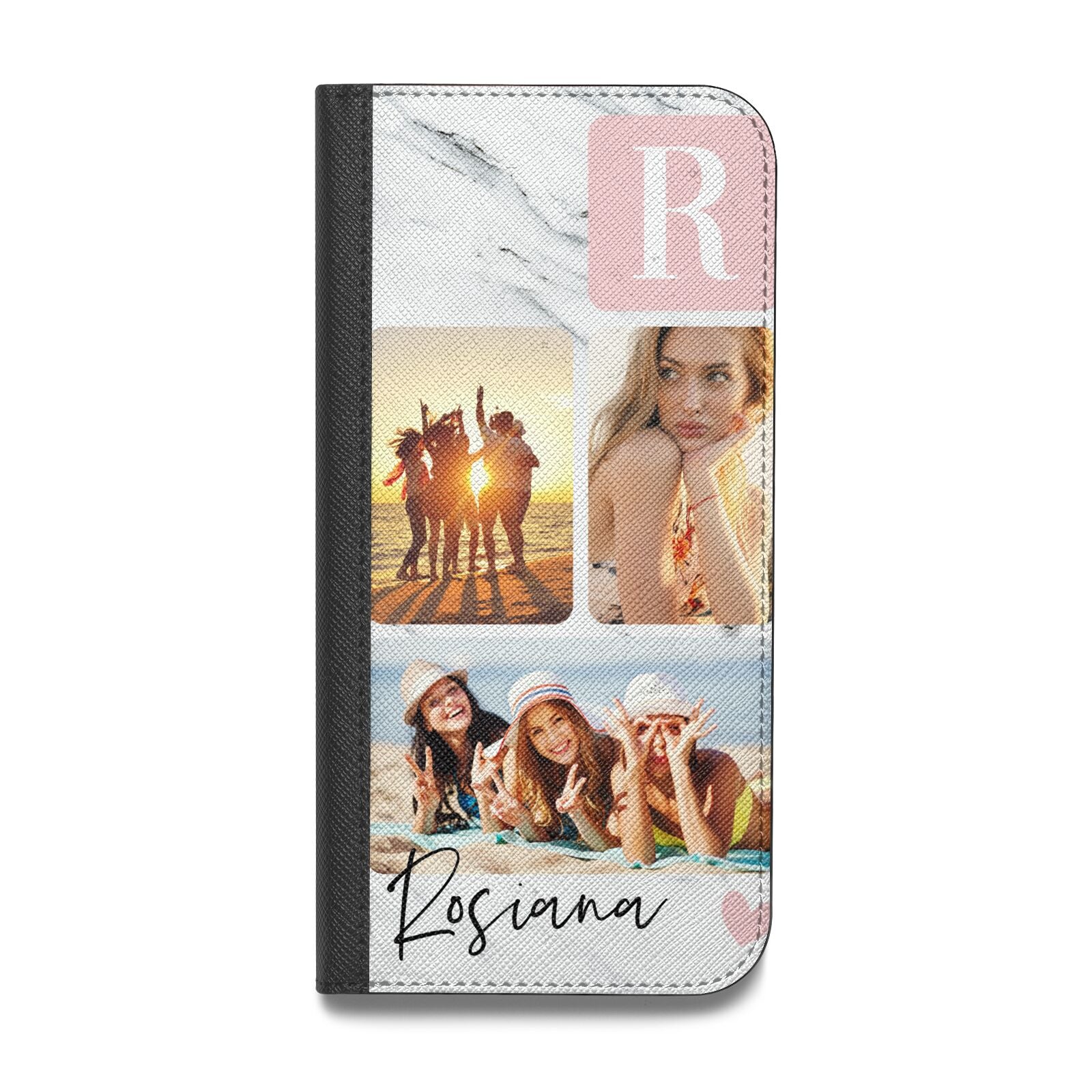 Personalised Three Photo Marble Name Vegan Leather Flip Samsung Case