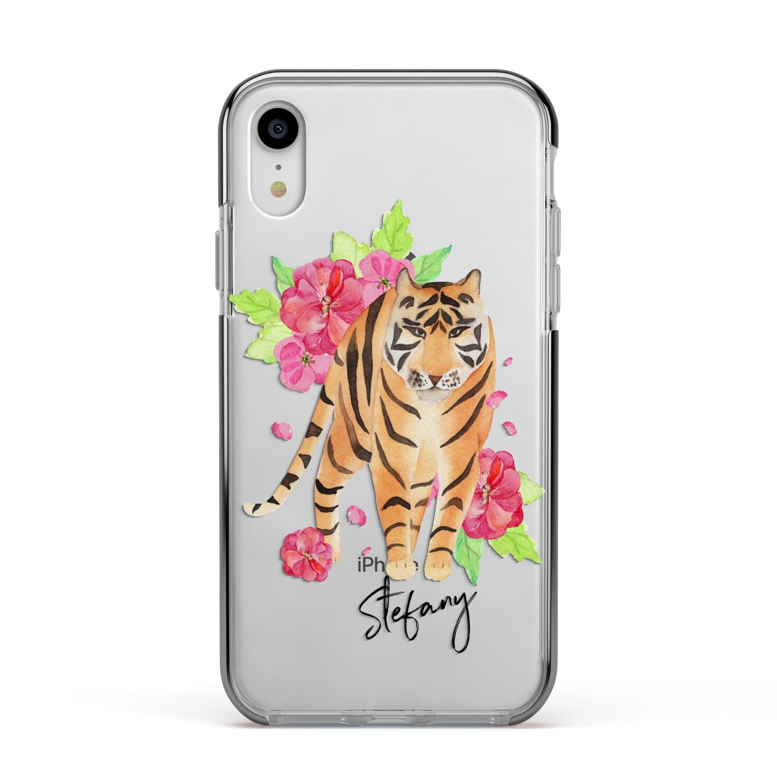 Personalised Tiger Apple iPhone XR Impact Case Black Edge on Silver Phone