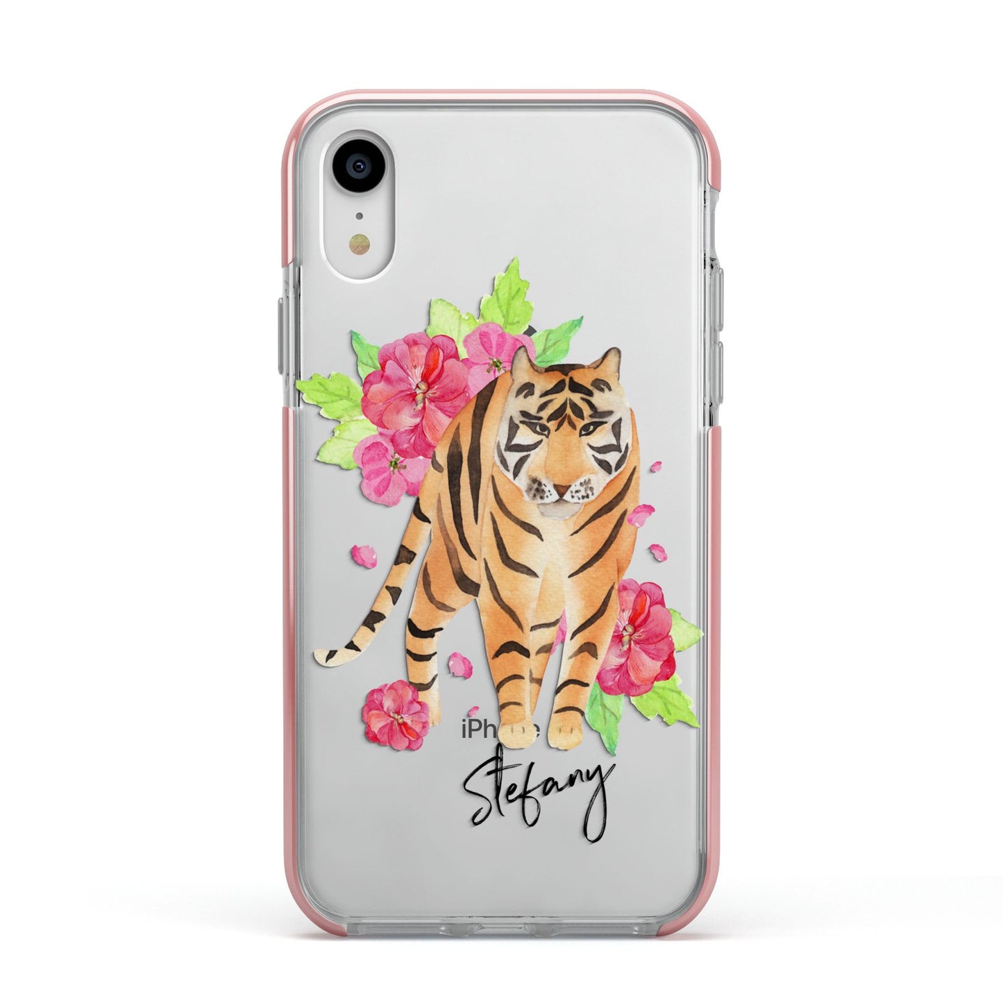 Personalised Tiger Apple iPhone XR Impact Case Pink Edge on Silver Phone