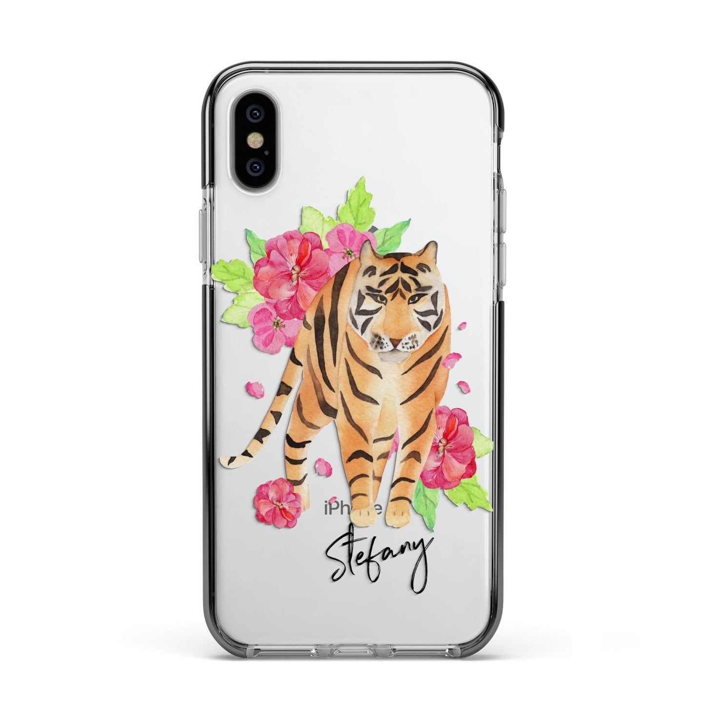 Personalised Tiger Apple iPhone Xs Impact Case Black Edge on Silver Phone