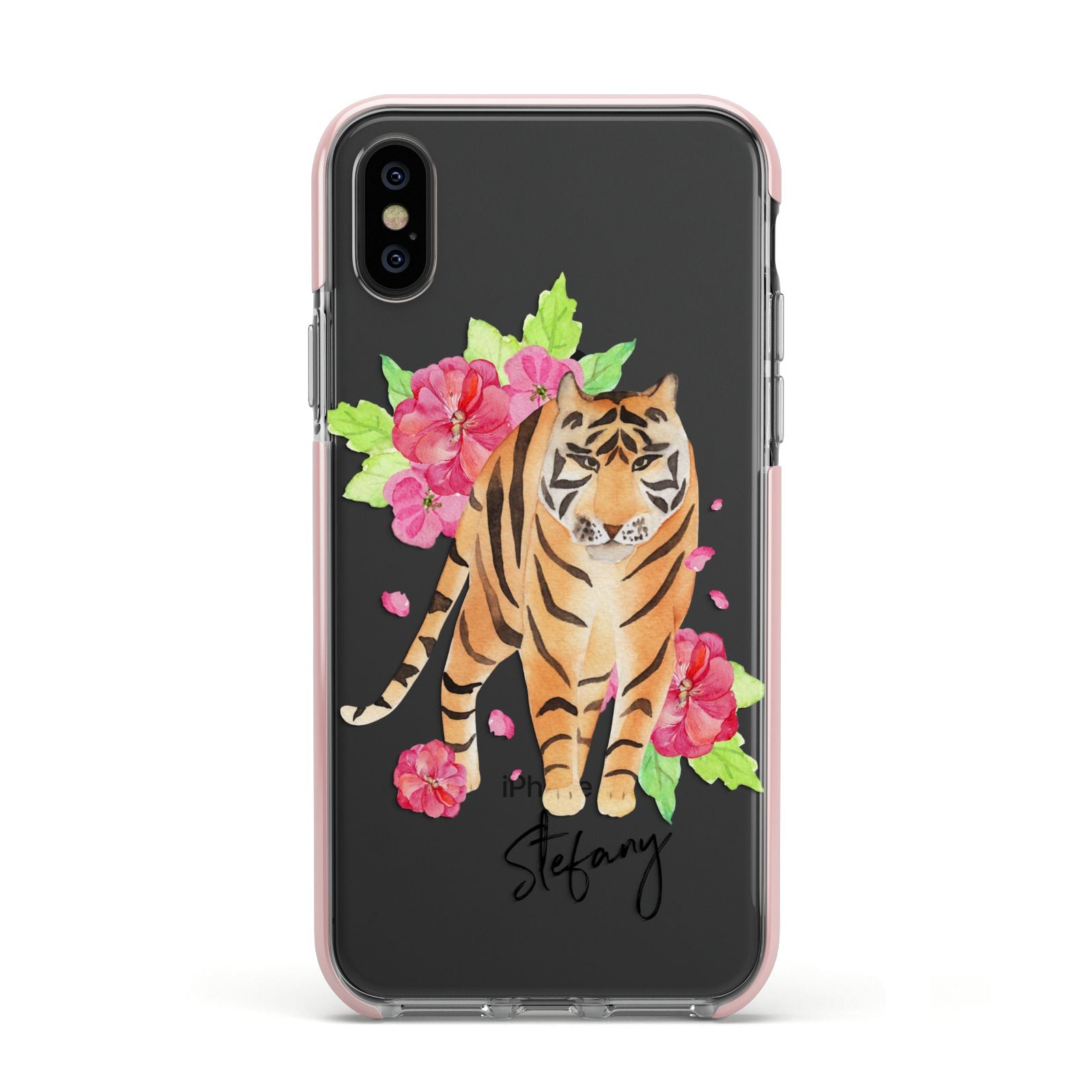 Personalised Tiger Apple iPhone Xs Impact Case Pink Edge on Black Phone