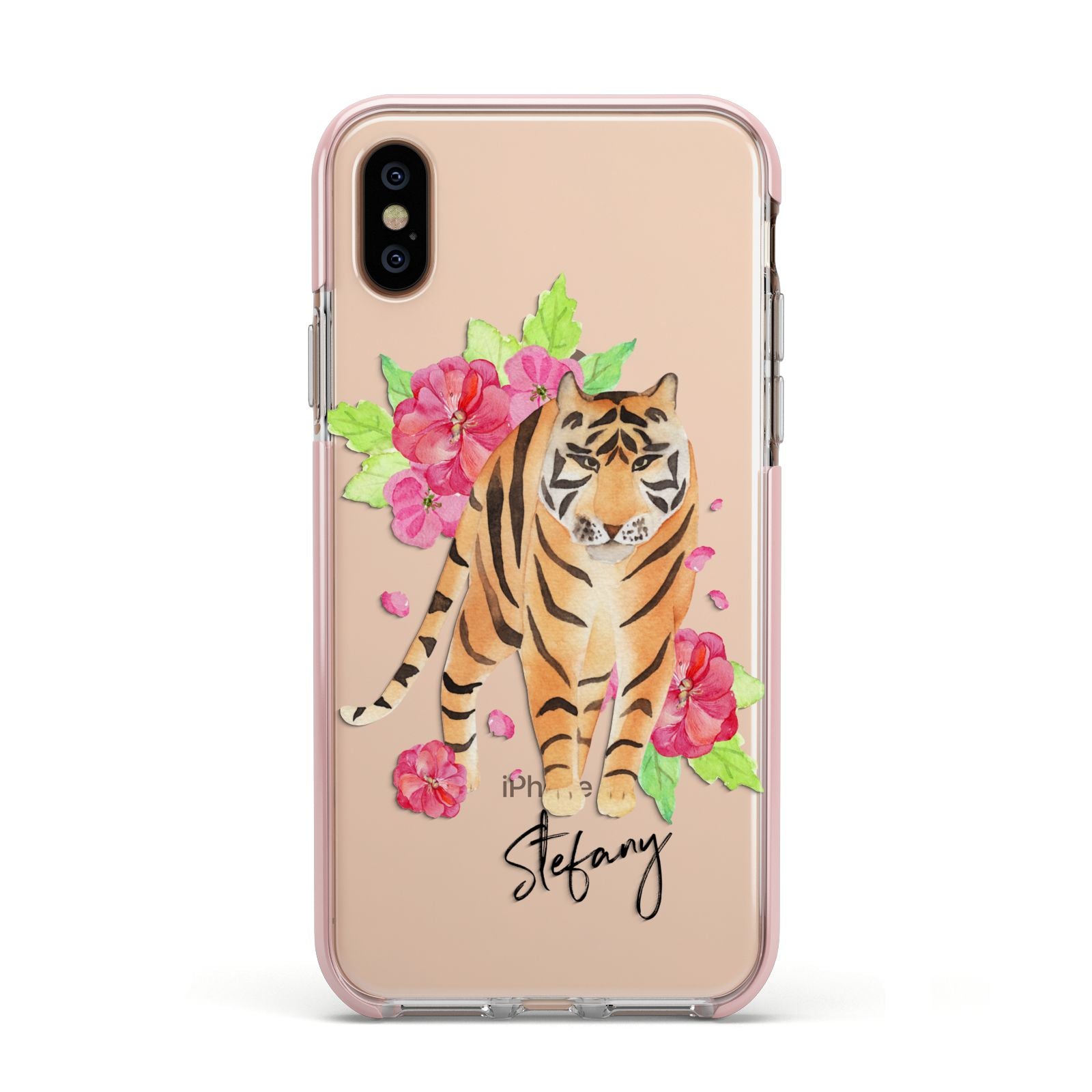 Personalised Tiger Apple iPhone Xs Impact Case Pink Edge on Gold Phone