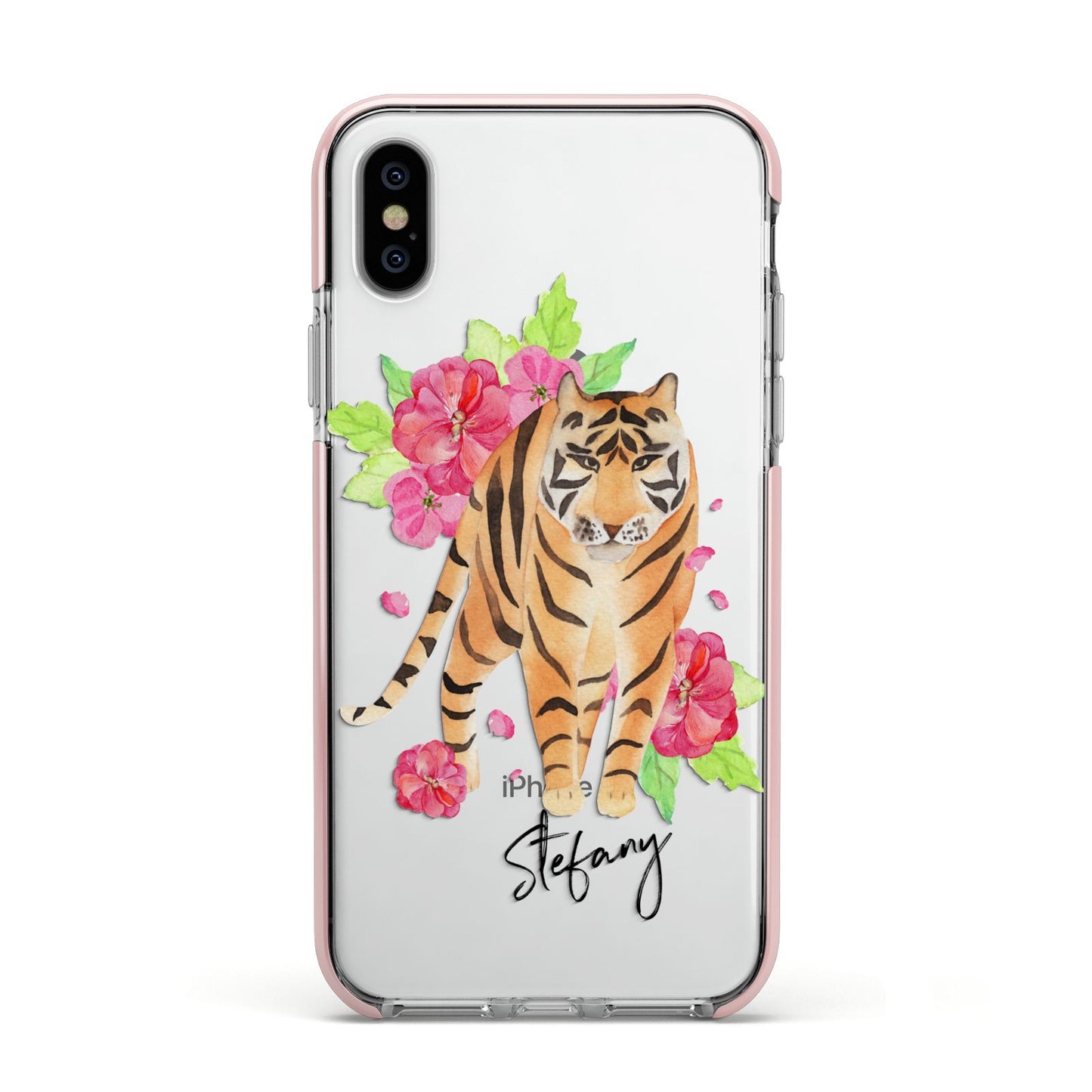 Personalised Tiger Apple iPhone Xs Impact Case Pink Edge on Silver Phone