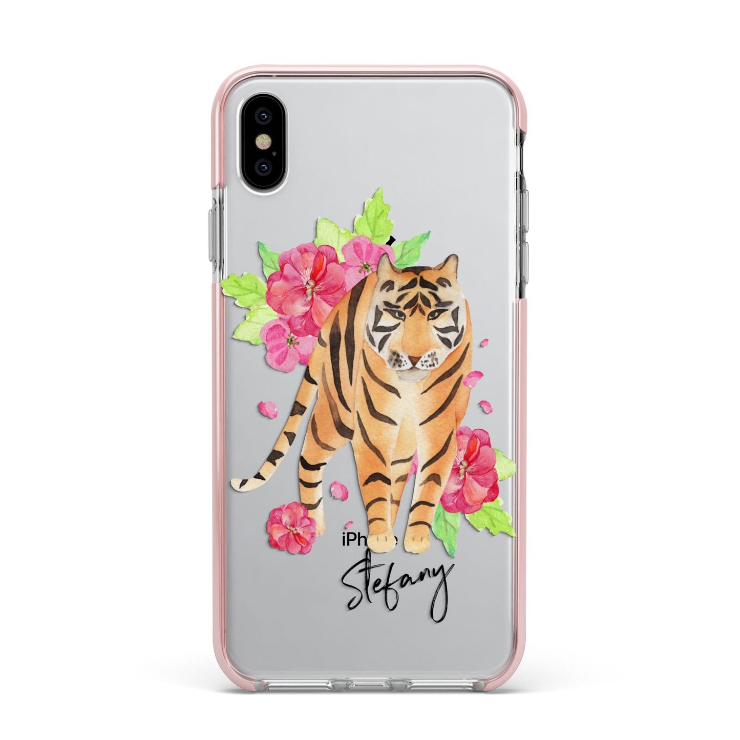 Personalised Tiger Apple iPhone Xs Max Impact Case Pink Edge on Silver Phone