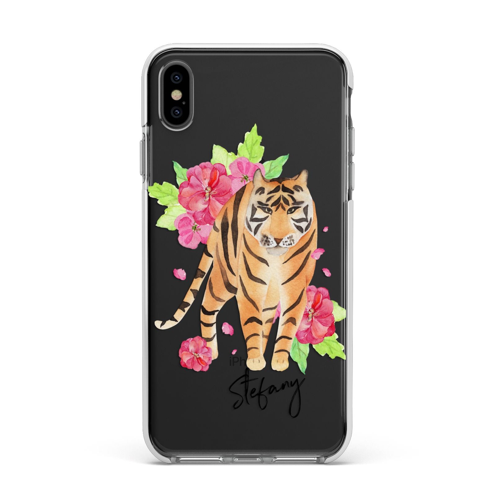 Personalised Tiger Apple iPhone Xs Max Impact Case White Edge on Black Phone