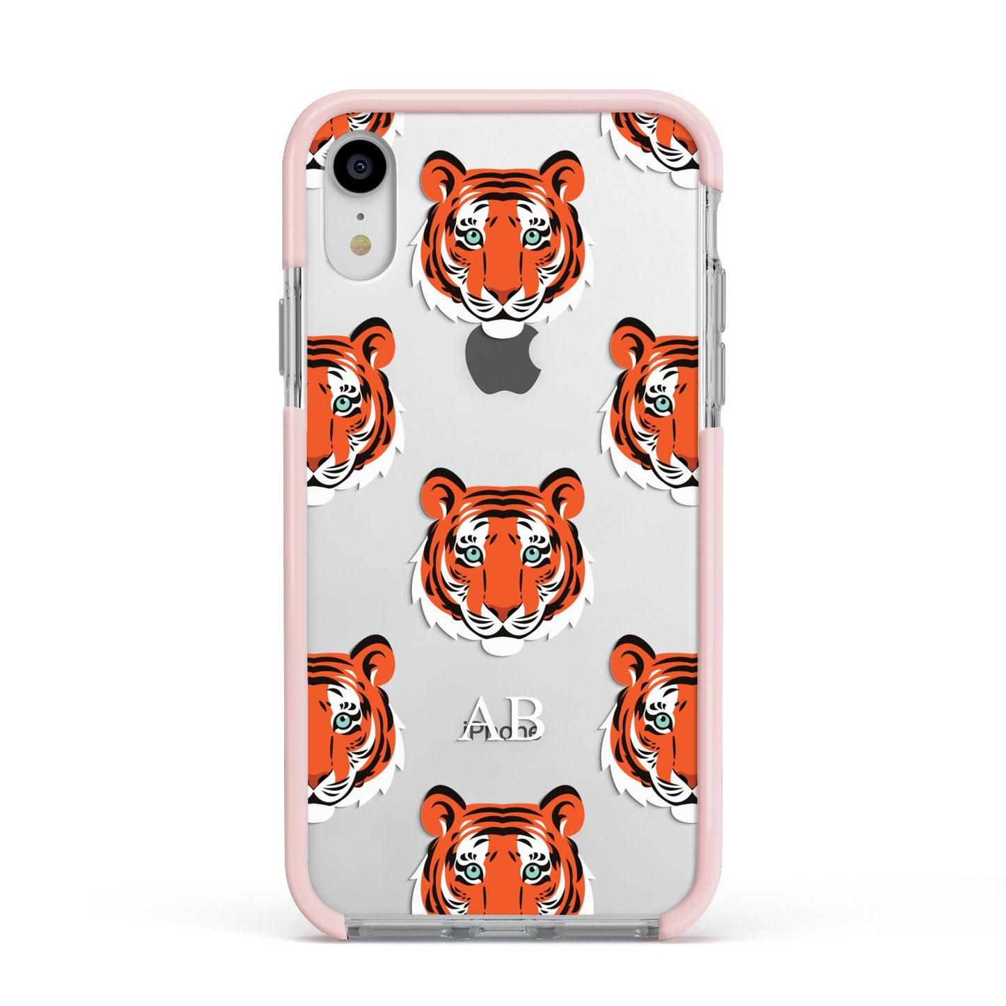 Personalised Tiger Head Apple iPhone XR Impact Case Pink Edge on Silver Phone