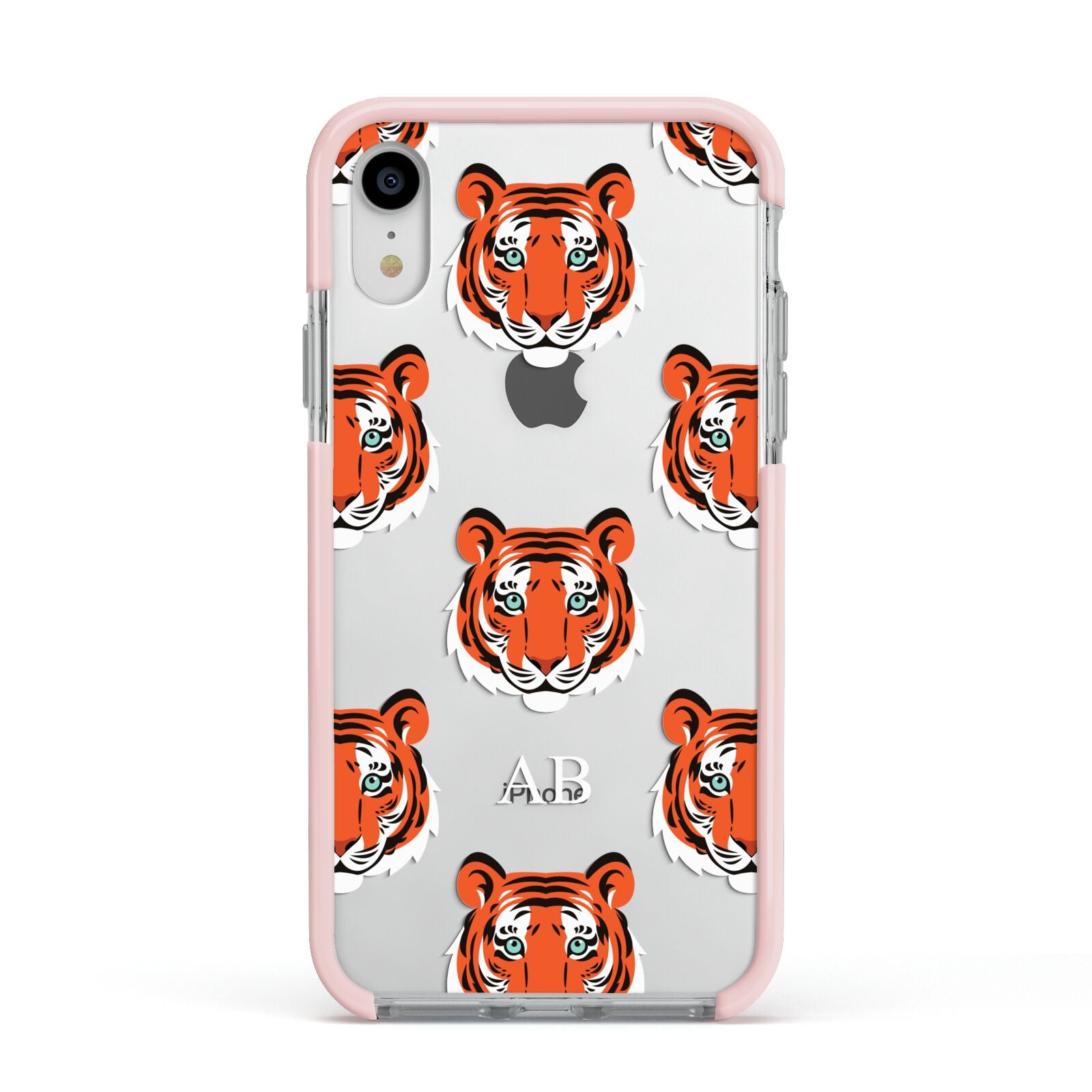 Personalised Tiger Head Apple iPhone XR Impact Case Pink Edge on Silver Phone