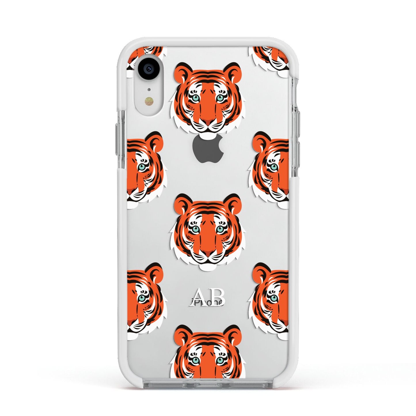 Personalised Tiger Head Apple iPhone XR Impact Case White Edge on Silver Phone