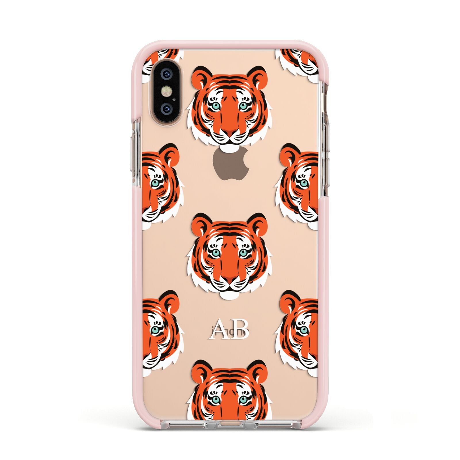 Personalised Tiger Head Apple iPhone Xs Impact Case Pink Edge on Gold Phone