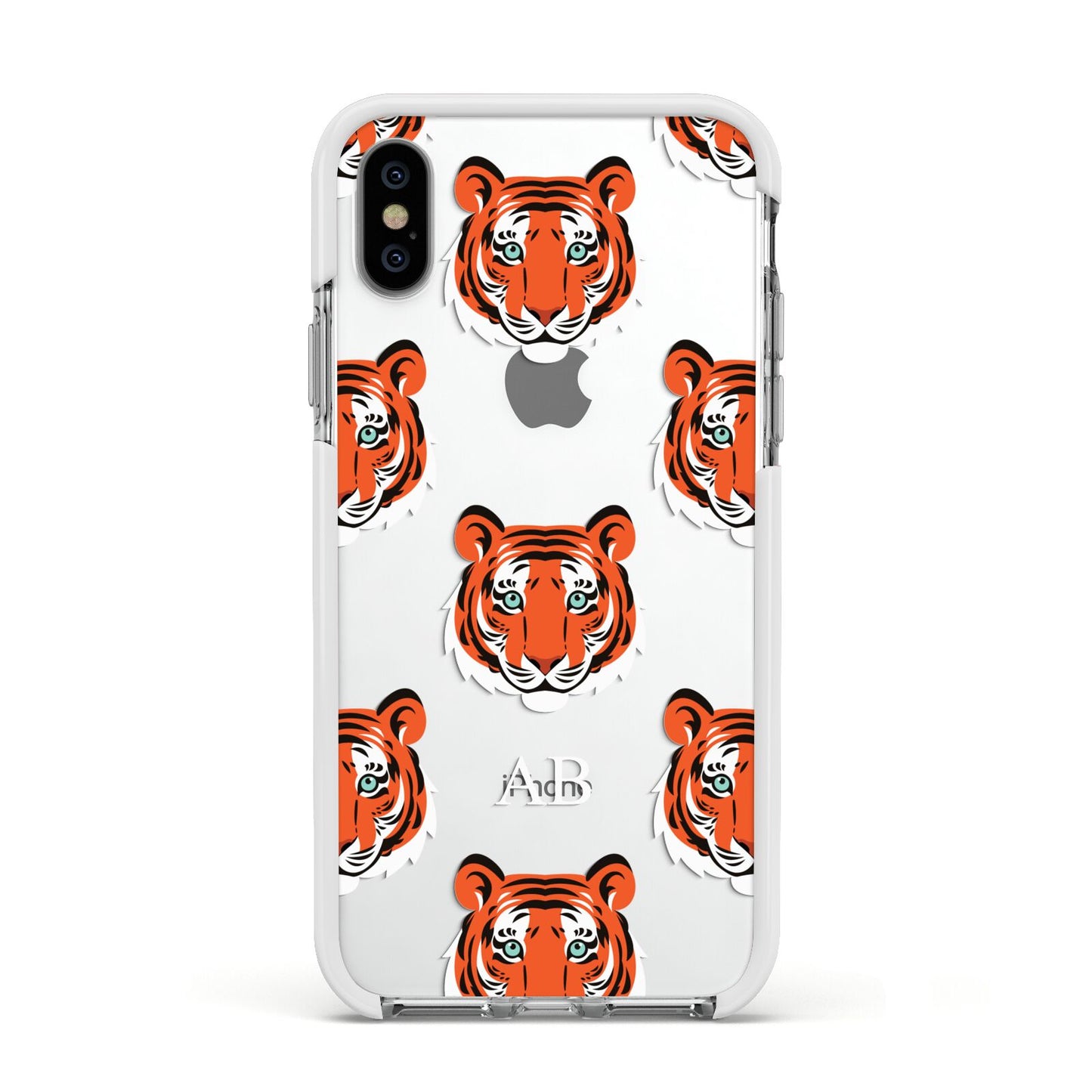Personalised Tiger Head Apple iPhone Xs Impact Case White Edge on Silver Phone