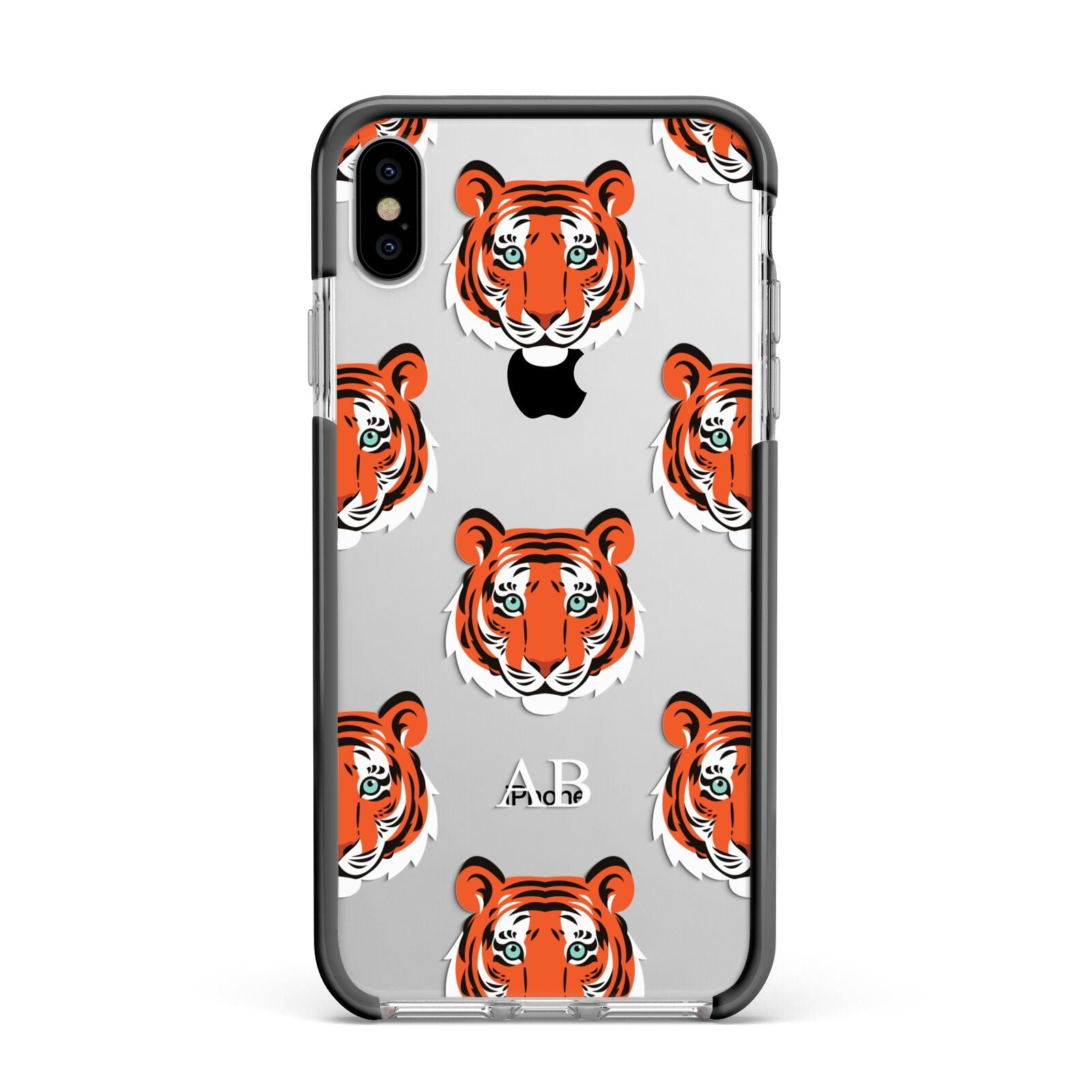 Personalised Tiger Head Apple iPhone Xs Max Impact Case Black Edge on Silver Phone