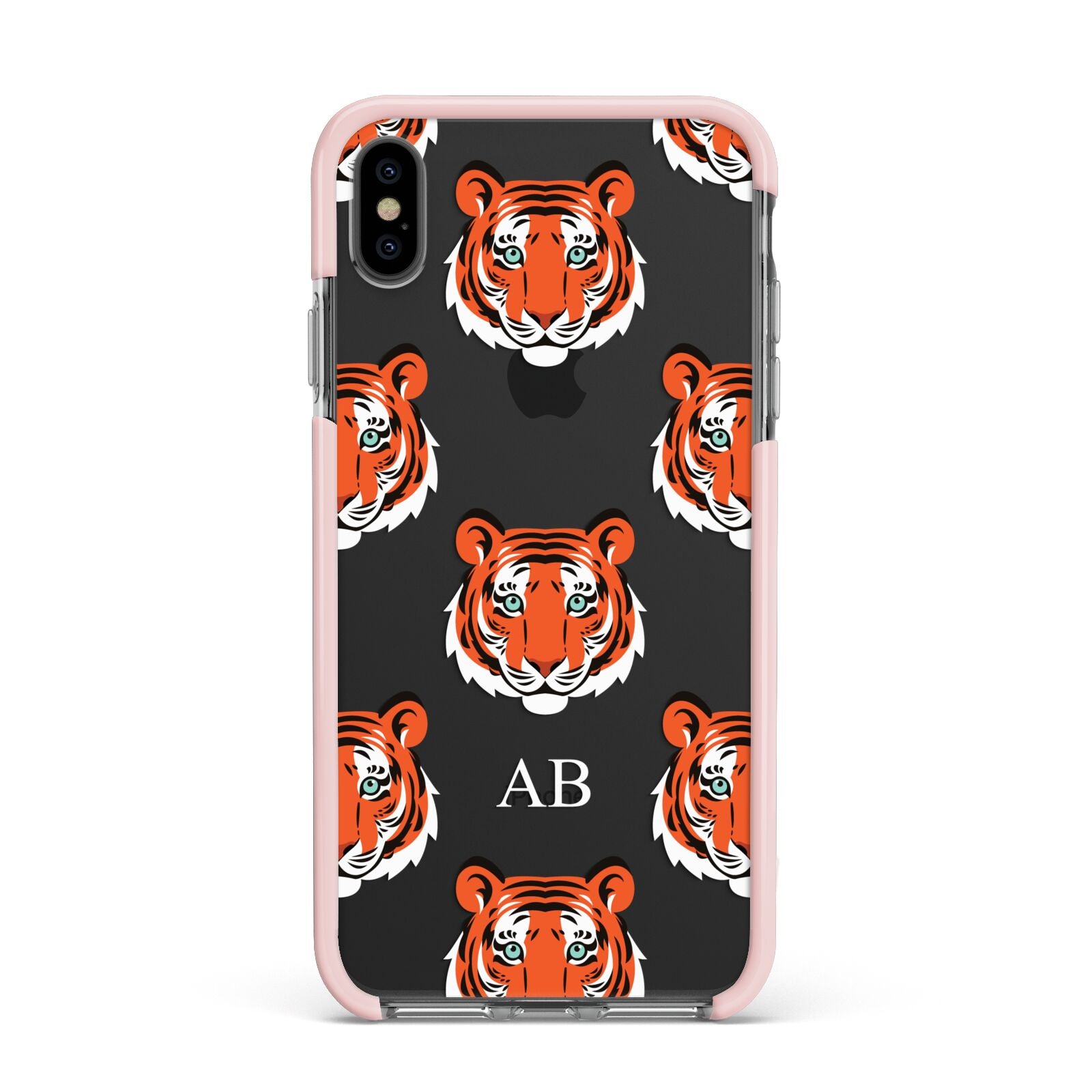 Personalised Tiger Head Apple iPhone Xs Max Impact Case Pink Edge on Black Phone