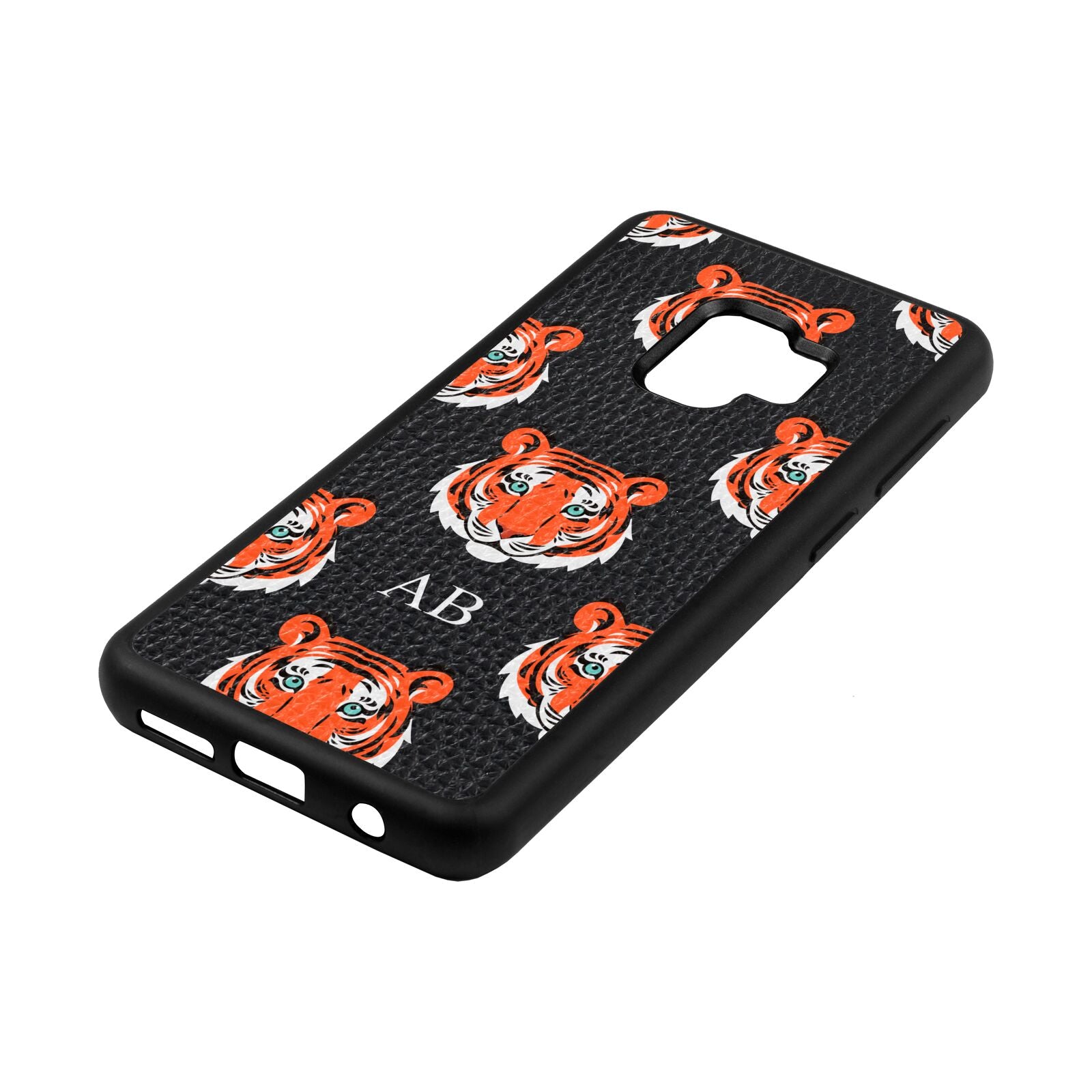 Personalised Tiger Head Black Pebble Leather Samsung S9 Case Side Angle