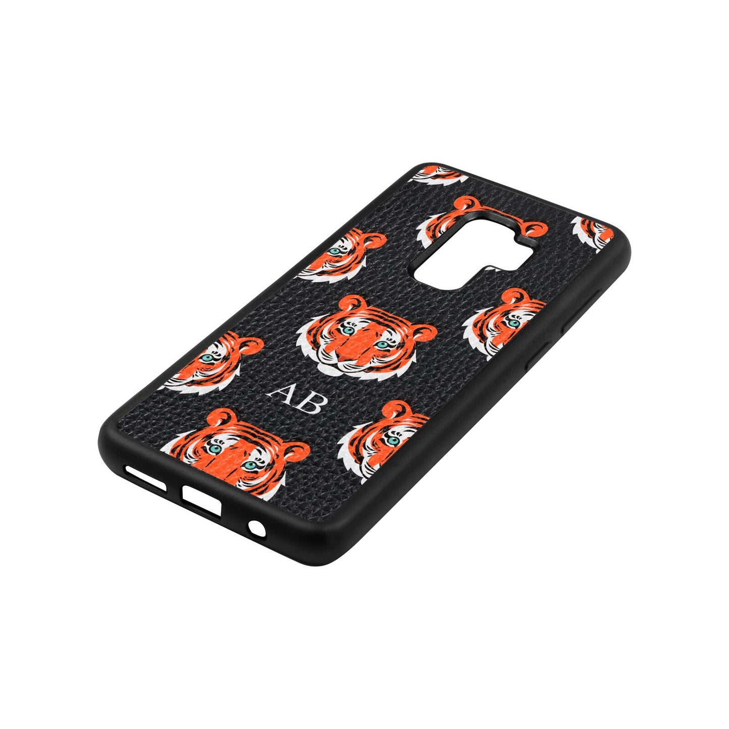 Personalised Tiger Head Black Pebble Leather Samsung S9 Plus Case Side Angle