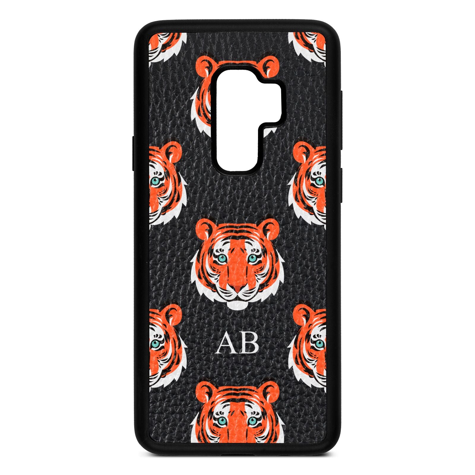 Personalised Tiger Head Black Pebble Leather Samsung S9 Plus Case