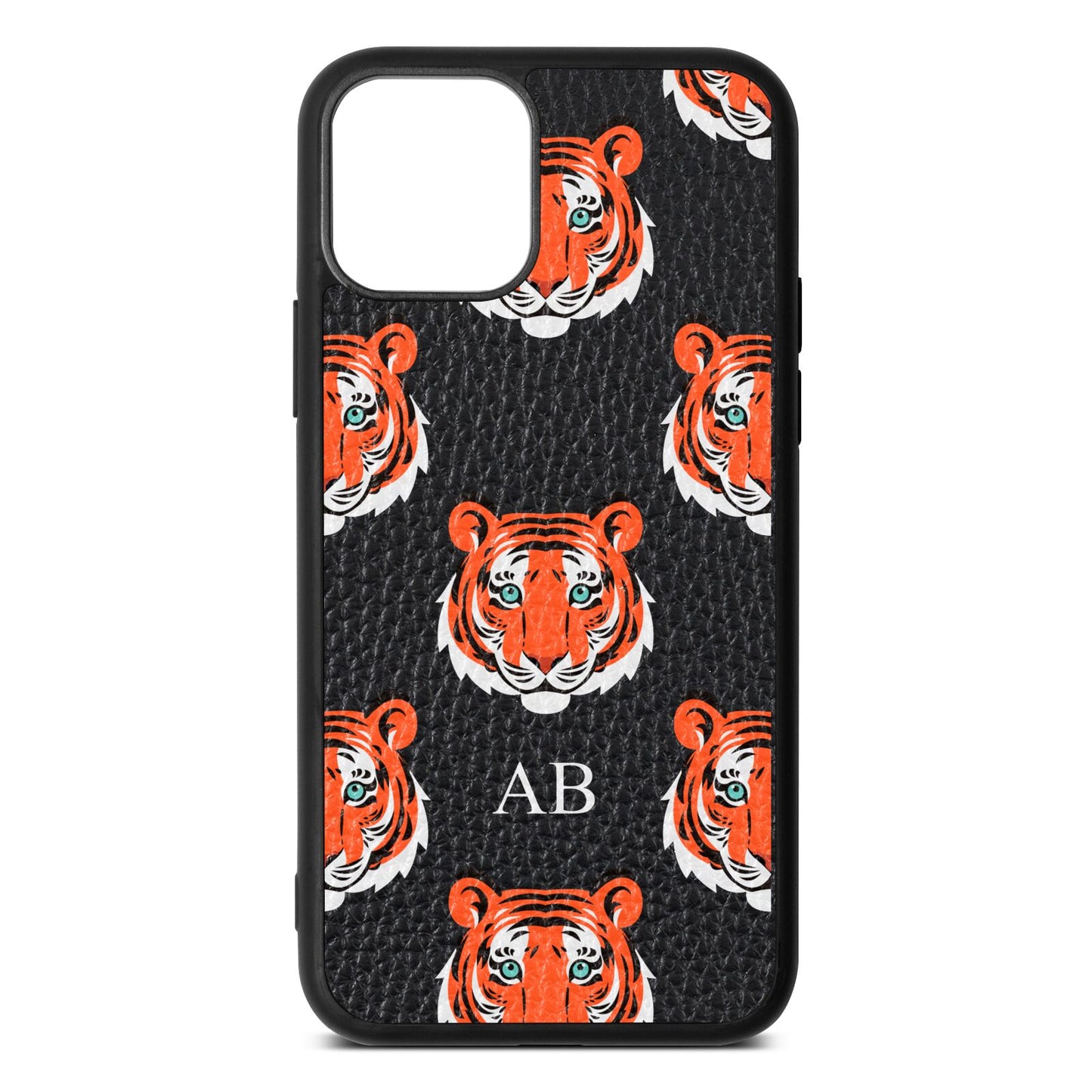 Personalised Tiger Head Black Pebble Leather iPhone 11 Case