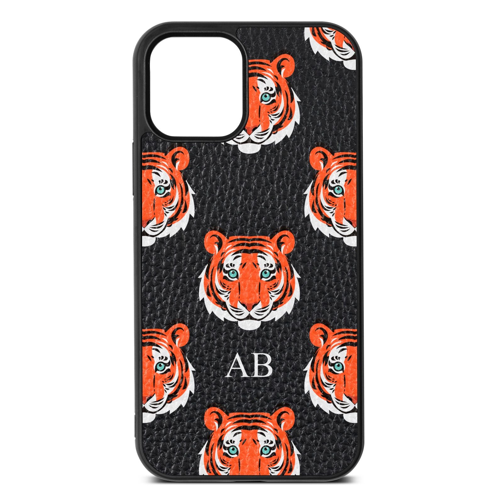 Personalised Tiger Head Black Pebble Leather iPhone 12 Case