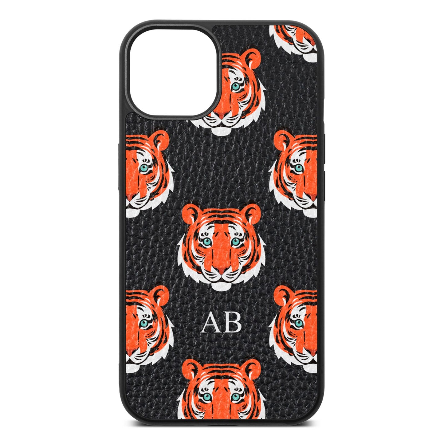 Personalised Tiger Head Black Pebble Leather iPhone 13 Case