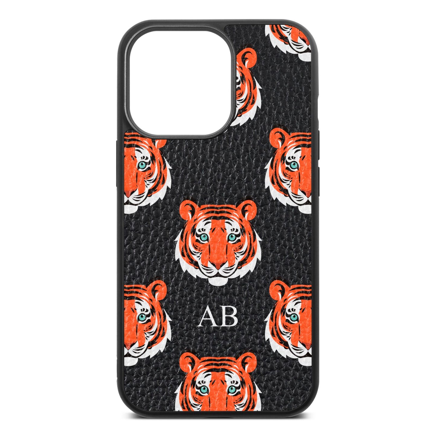 Personalised Tiger Head Black Pebble Leather iPhone 13 Pro Case