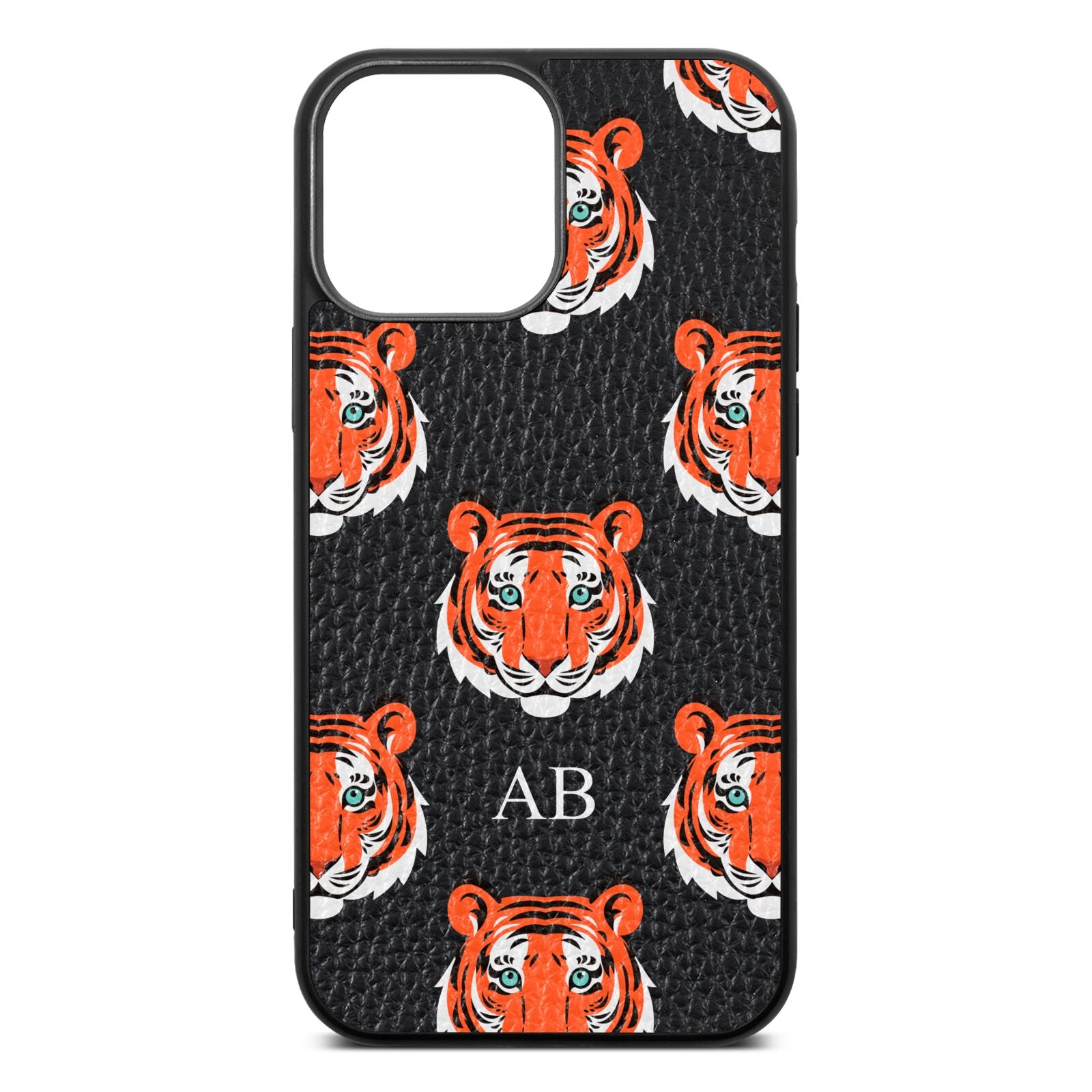 Personalised Tiger Head Black Pebble Leather iPhone 13 Pro Max Case