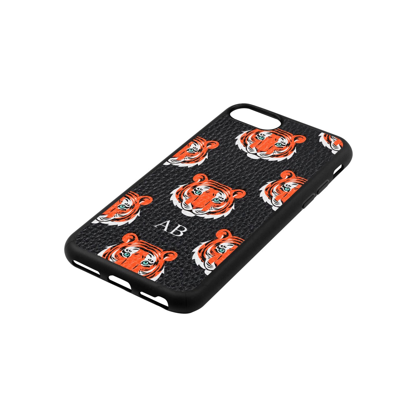 Personalised Tiger Head Black Pebble Leather iPhone 8 Case Side Angle