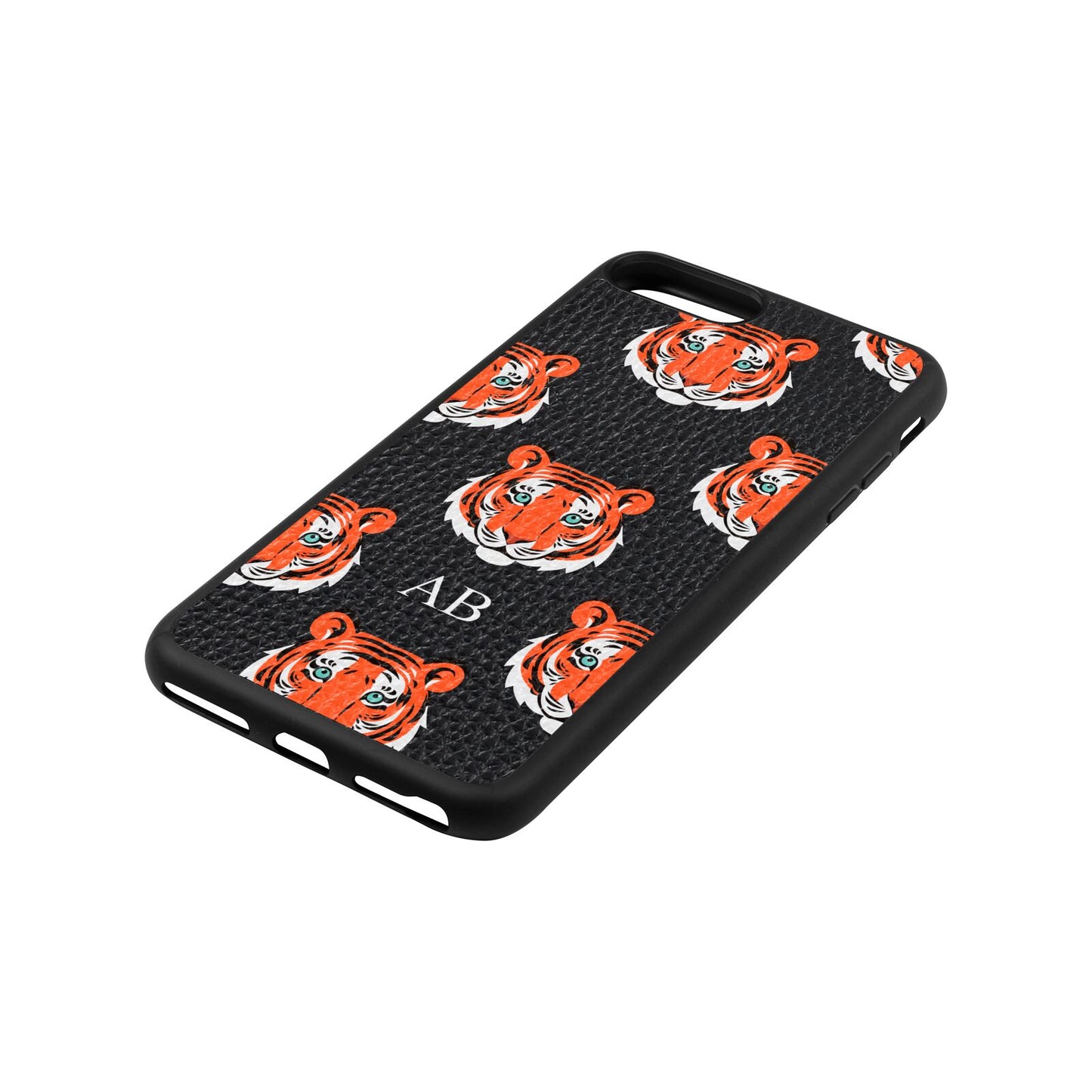 Personalised Tiger Head Black Pebble Leather iPhone 8 Plus Case Side Angle