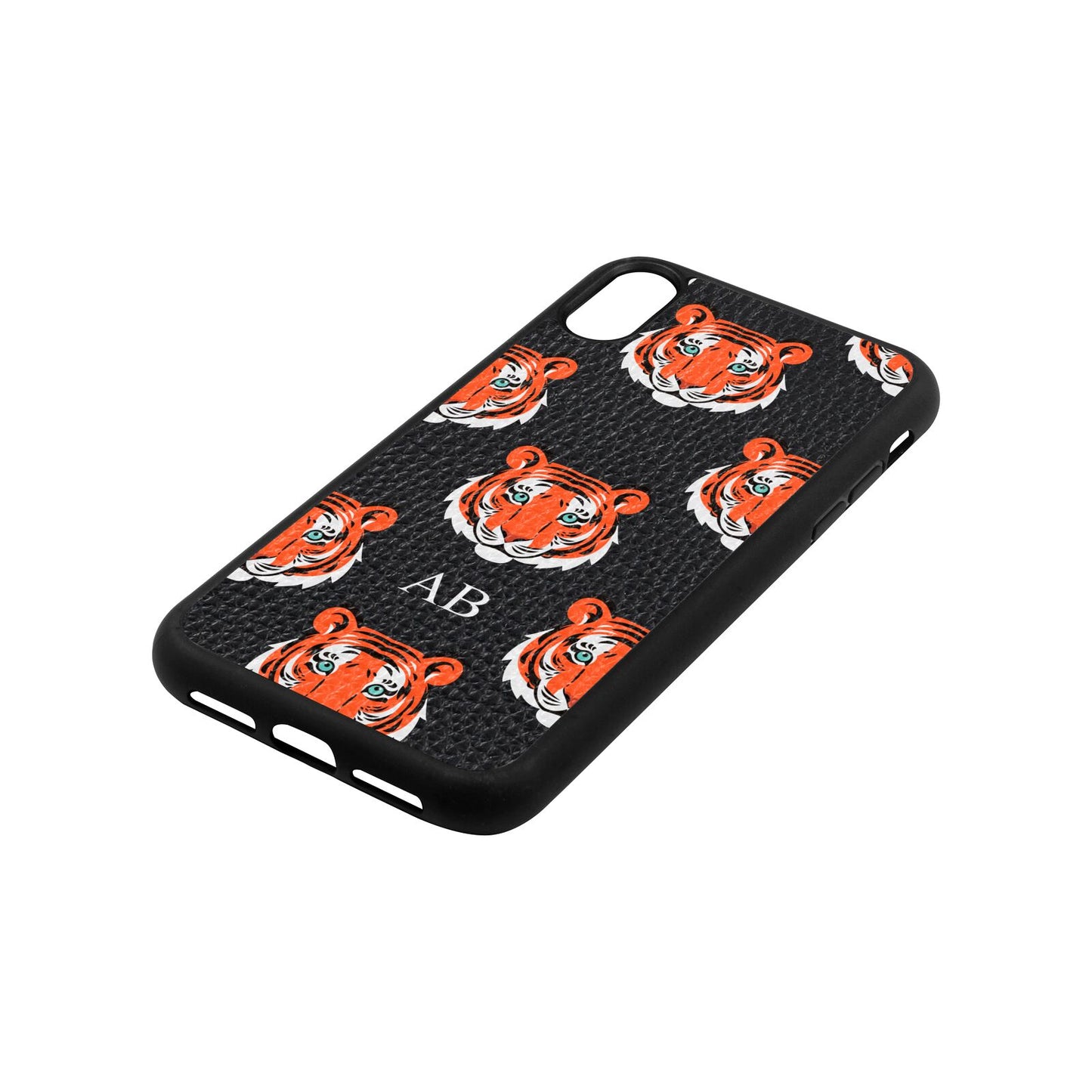 Personalised Tiger Head Black Pebble Leather iPhone Xr Case Side Angle